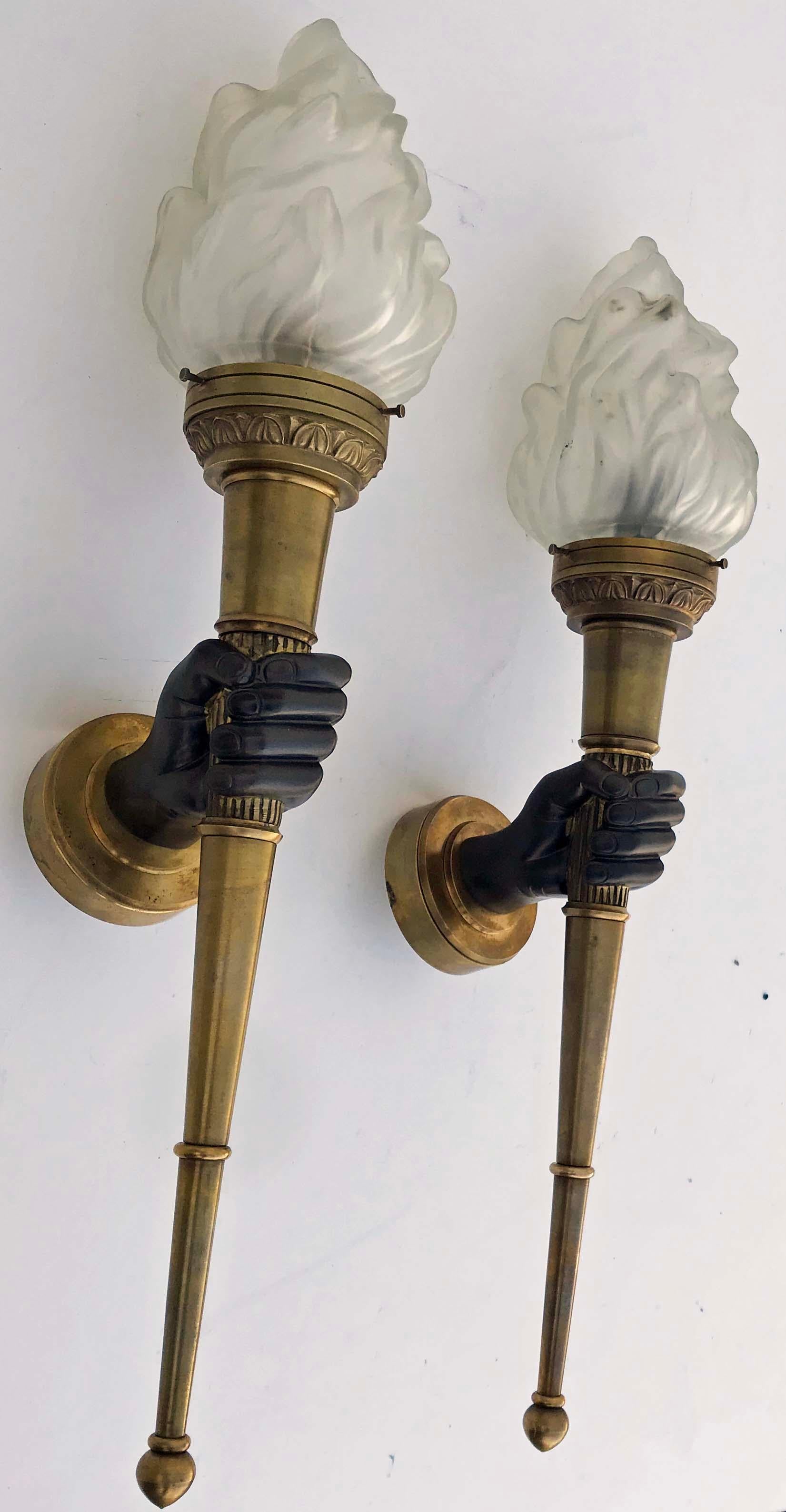 Superb pair of signed Atelier Petitot sconces, from an Avignon chateau.
High quality bronze 
Priced by pair.
US rewired and in working condition
Measures: Back plate: 3.5