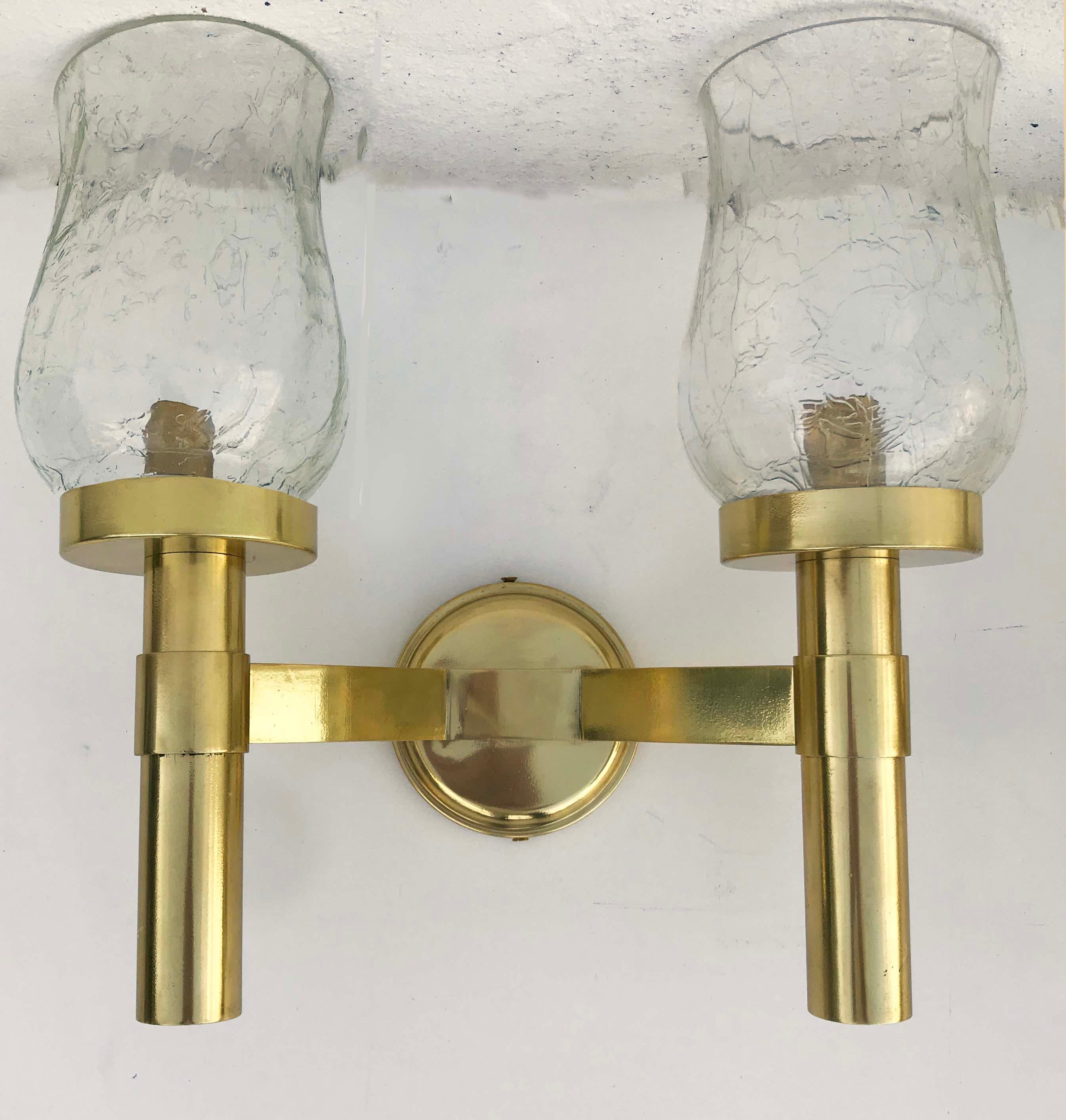 Superb pair of 2 lights sconces by Ateliers Perzel, brass and glass
Original Verrerie.
US rewired and in working condition 
Totally restored and refinished 
Back plate: 5