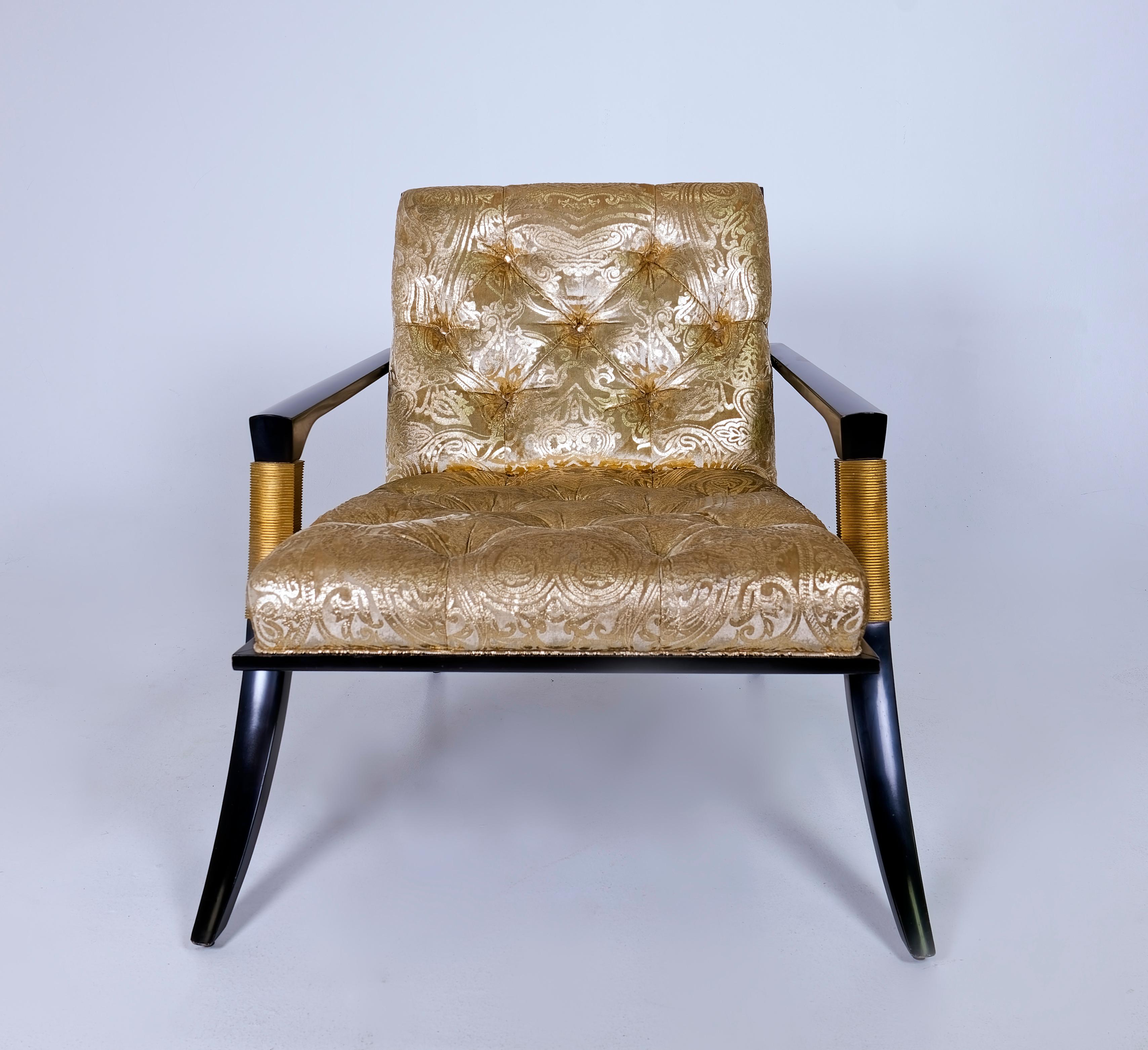 Pair of Athens Lounge Chairs by Thomas Pheasant for Baker, Klismos Gold Tufted 3