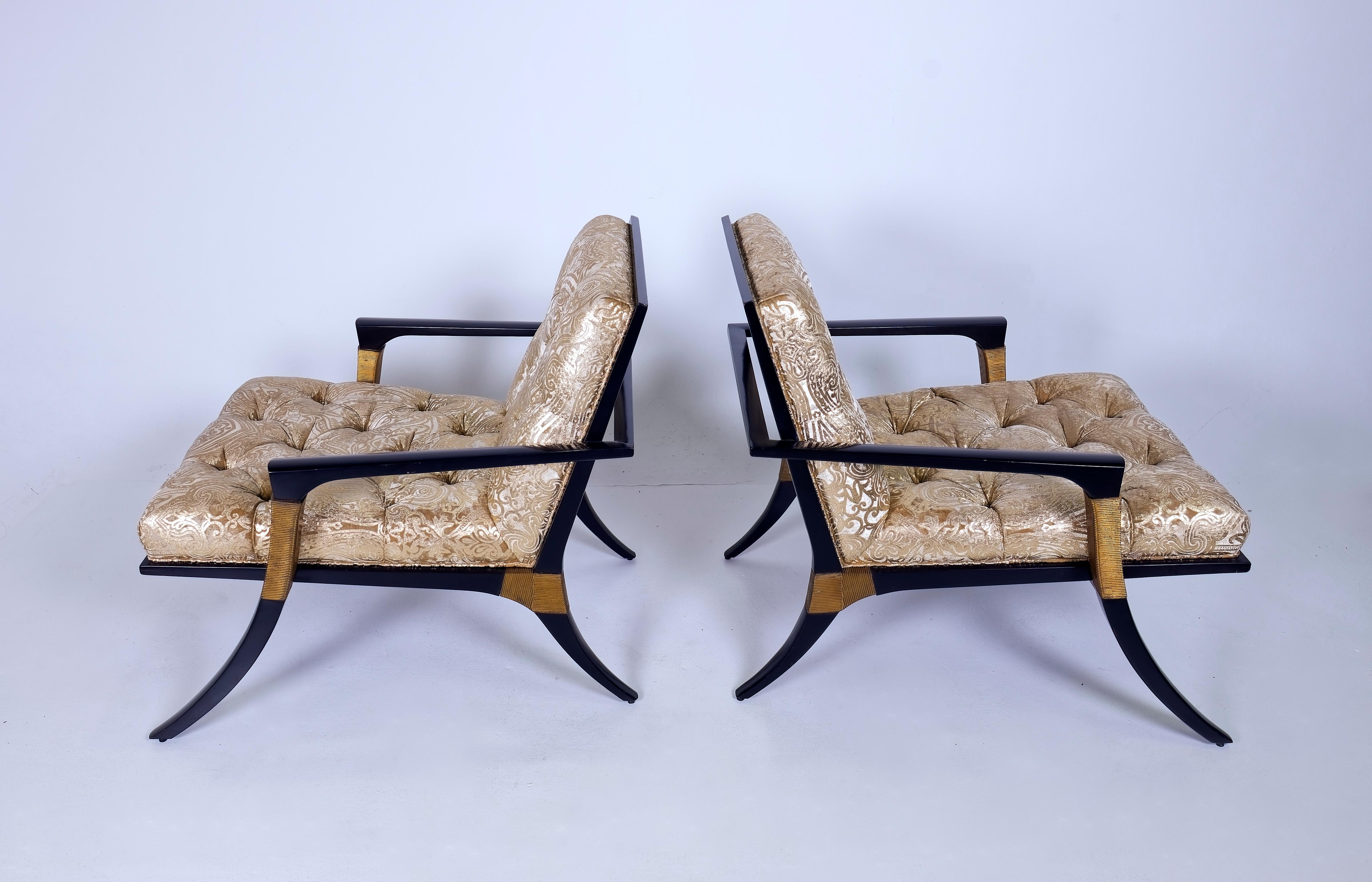 Pair of Athens Lounge Chairs by Thomas Pheasant for Baker, Klismos Gold Tufted 4