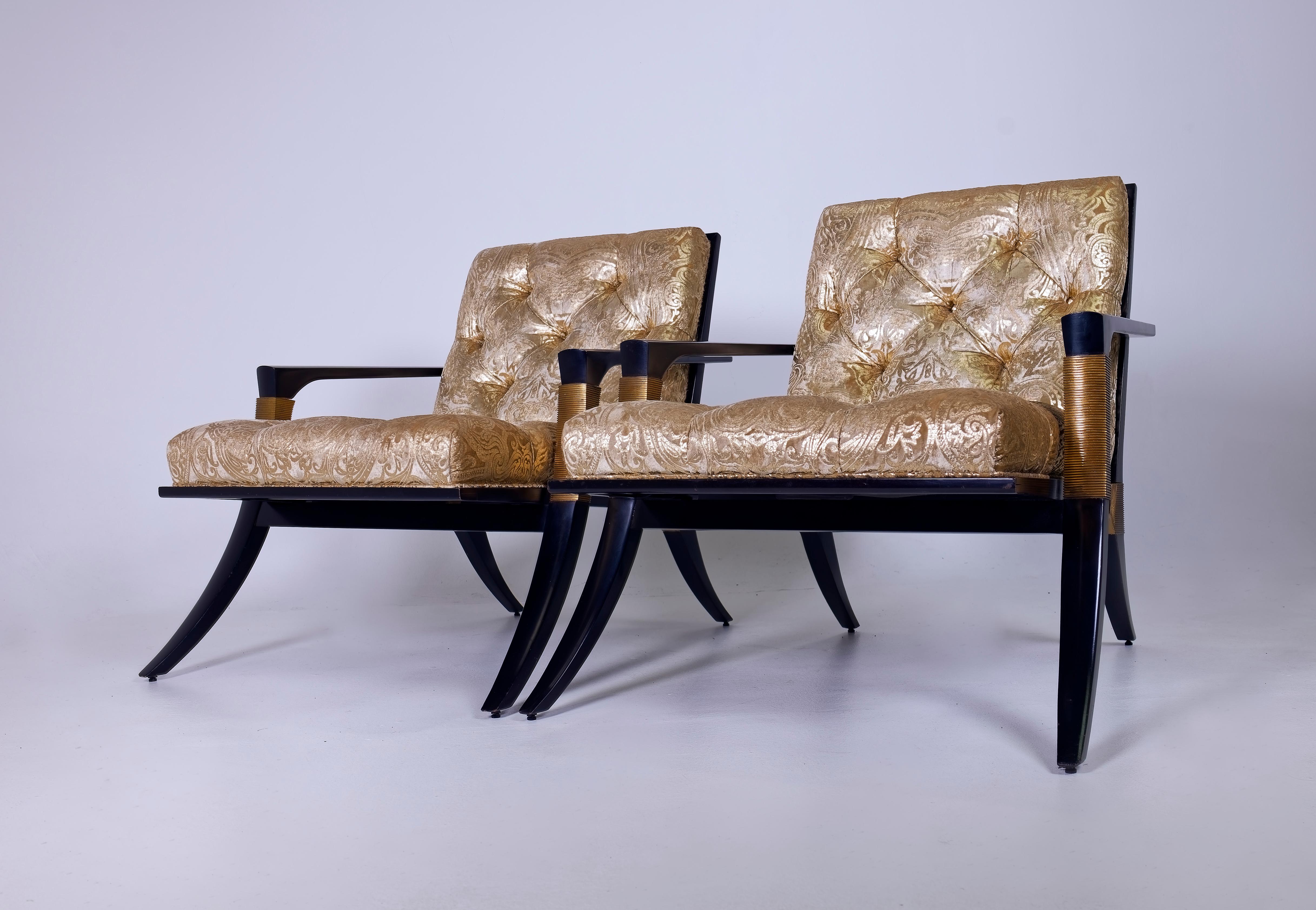 Pair of Athens Lounge Chairs by Thomas Pheasant for Baker, Klismos Gold Tufted 5