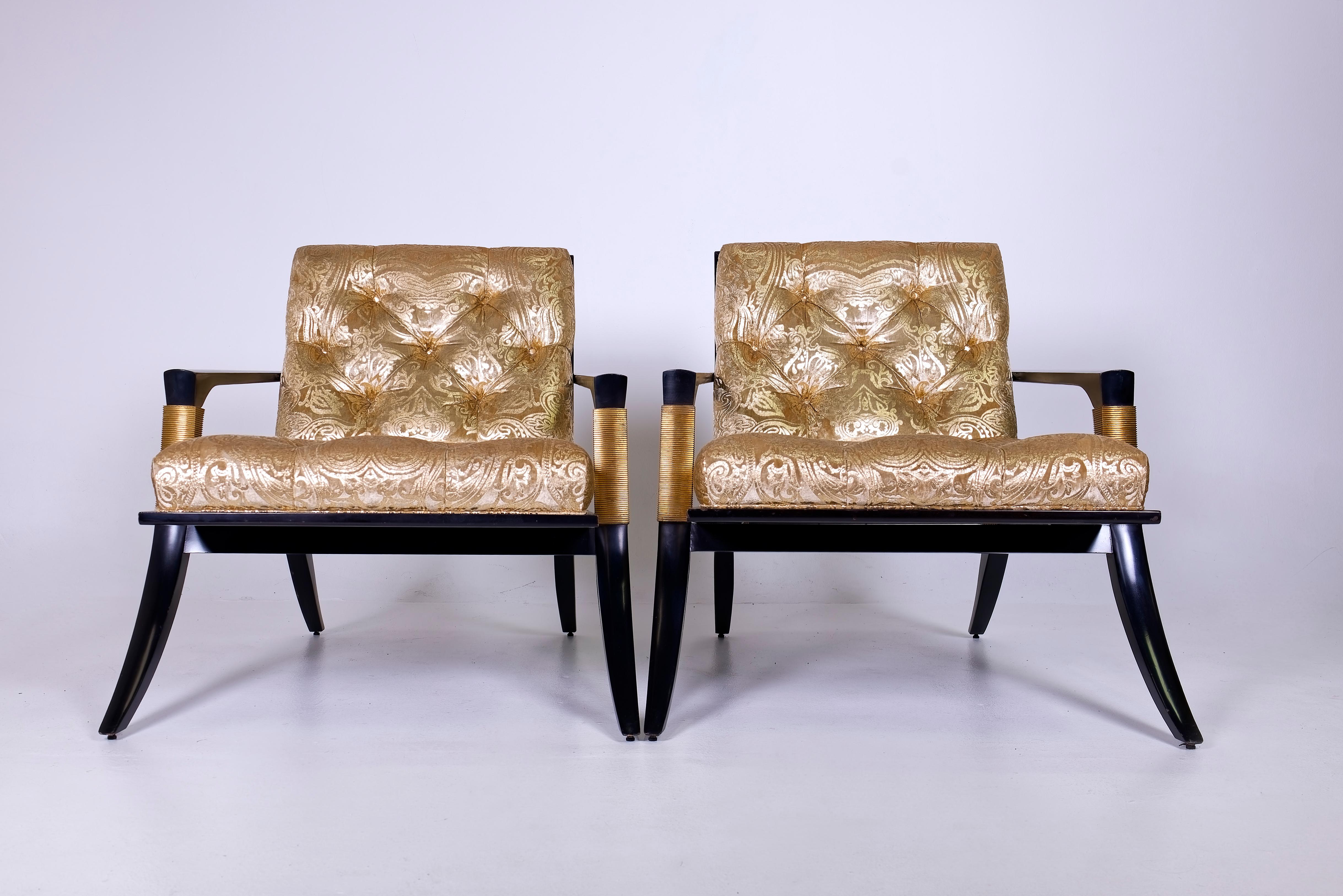 Pair of Athens Lounge Chairs by Thomas Pheasant for Baker, Klismos Gold Tufted For Sale 6