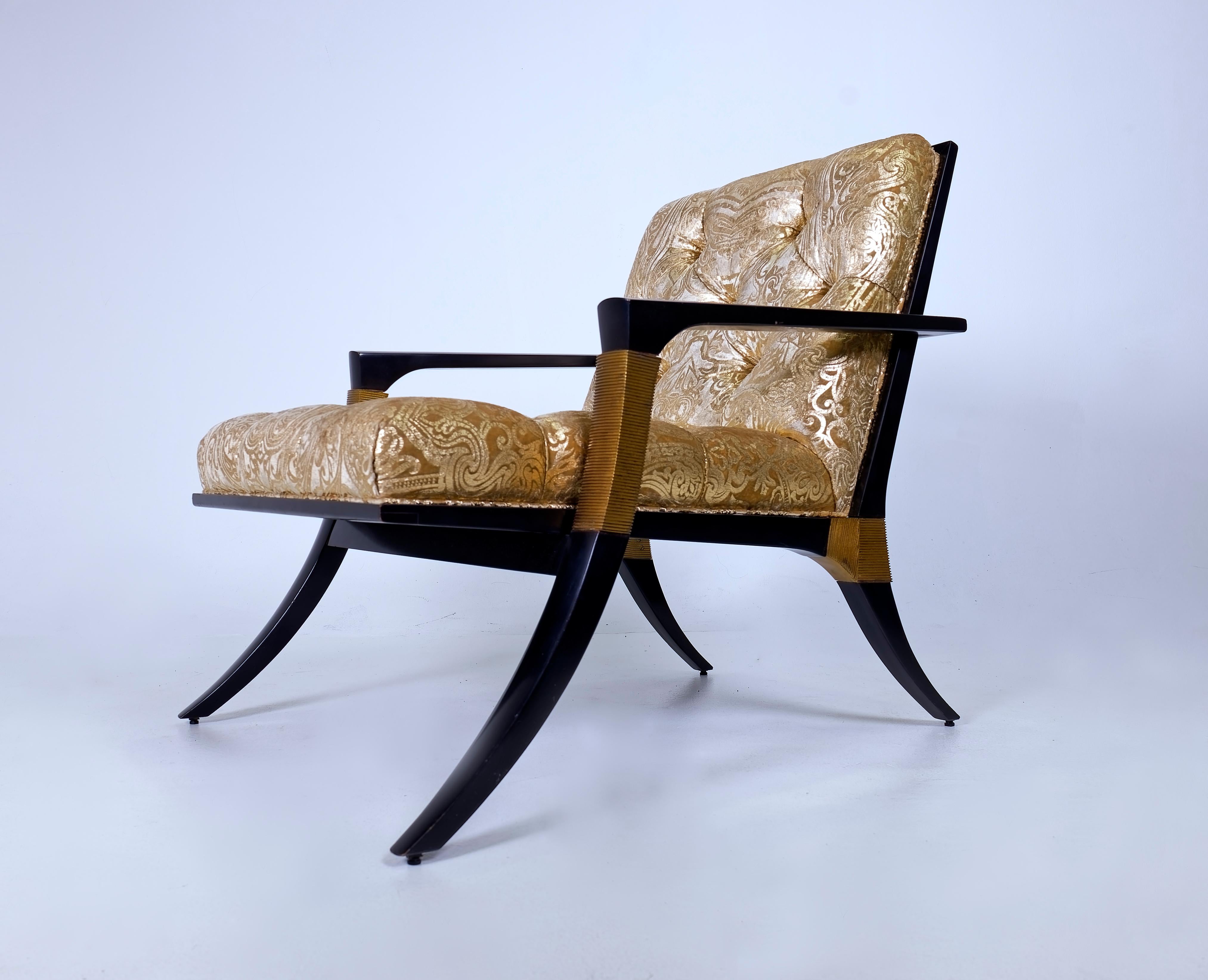 Modern Pair of Athens Lounge Chairs by Thomas Pheasant for Baker, Klismos Gold Tufted For Sale