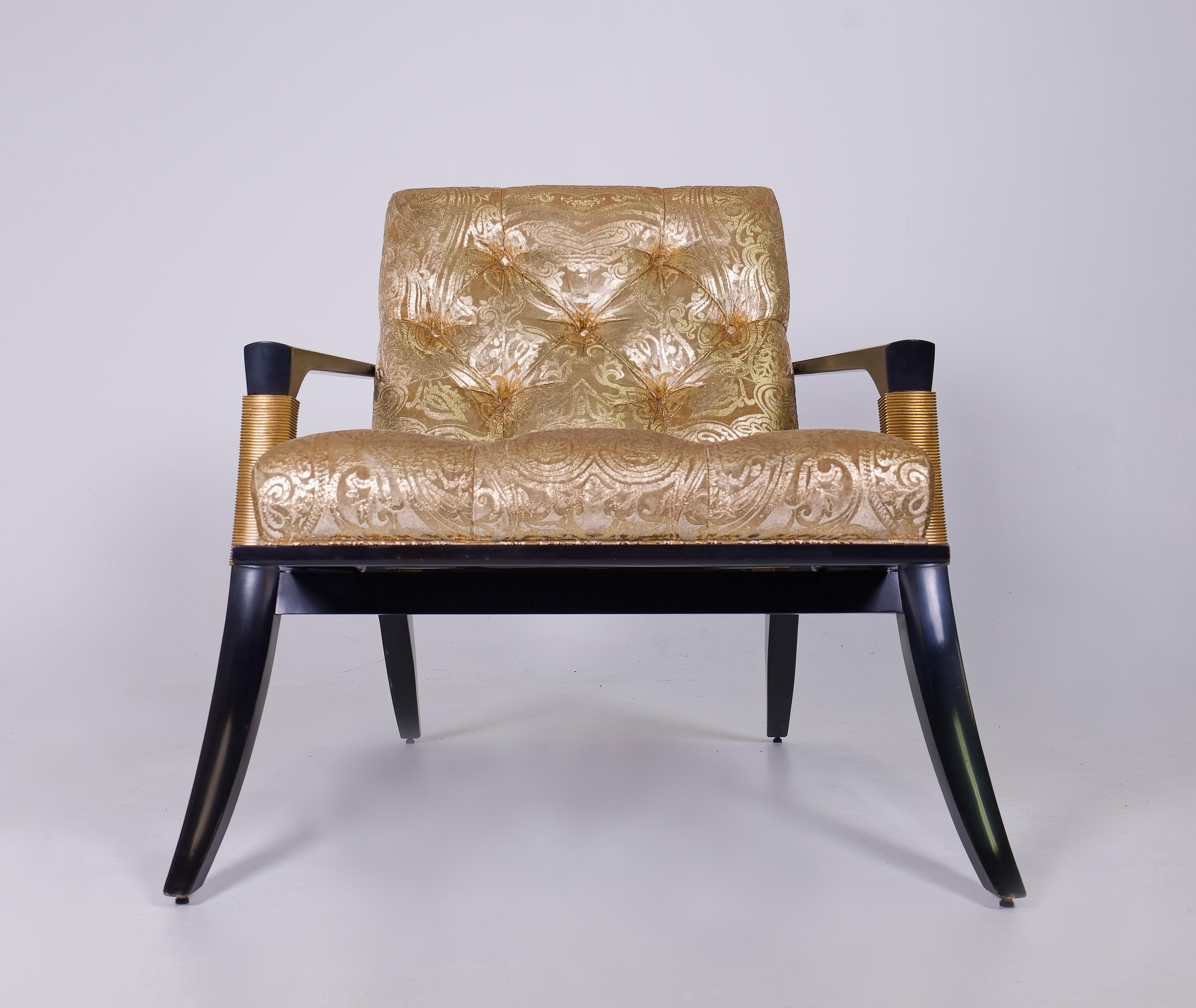 Pair of Athens Lounge Chairs by Thomas Pheasant for Baker, Klismos Gold Tufted In Good Condition For Sale In Miami, FL
