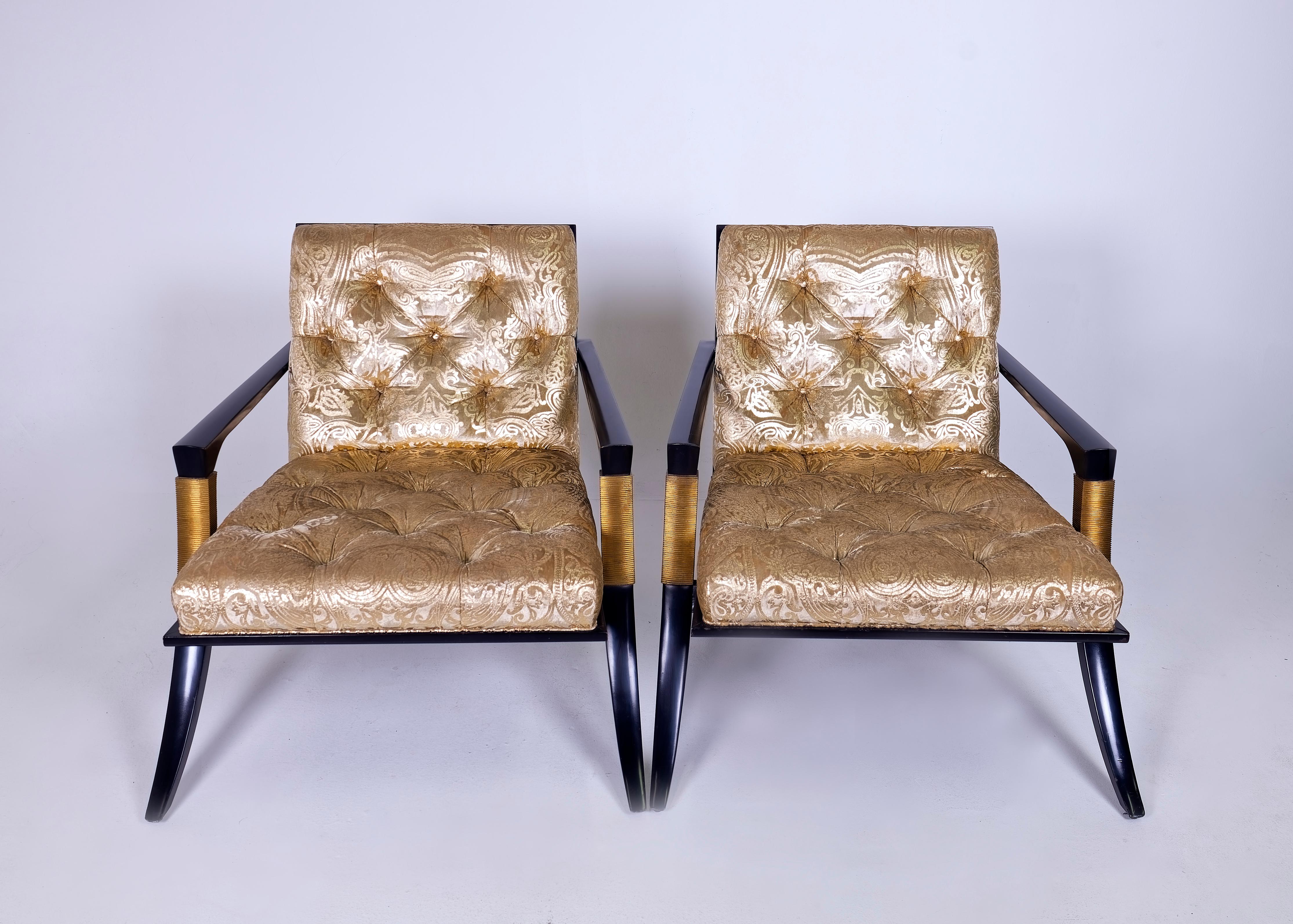 Contemporary Pair of Athens Lounge Chairs by Thomas Pheasant for Baker, Klismos Gold Tufted For Sale