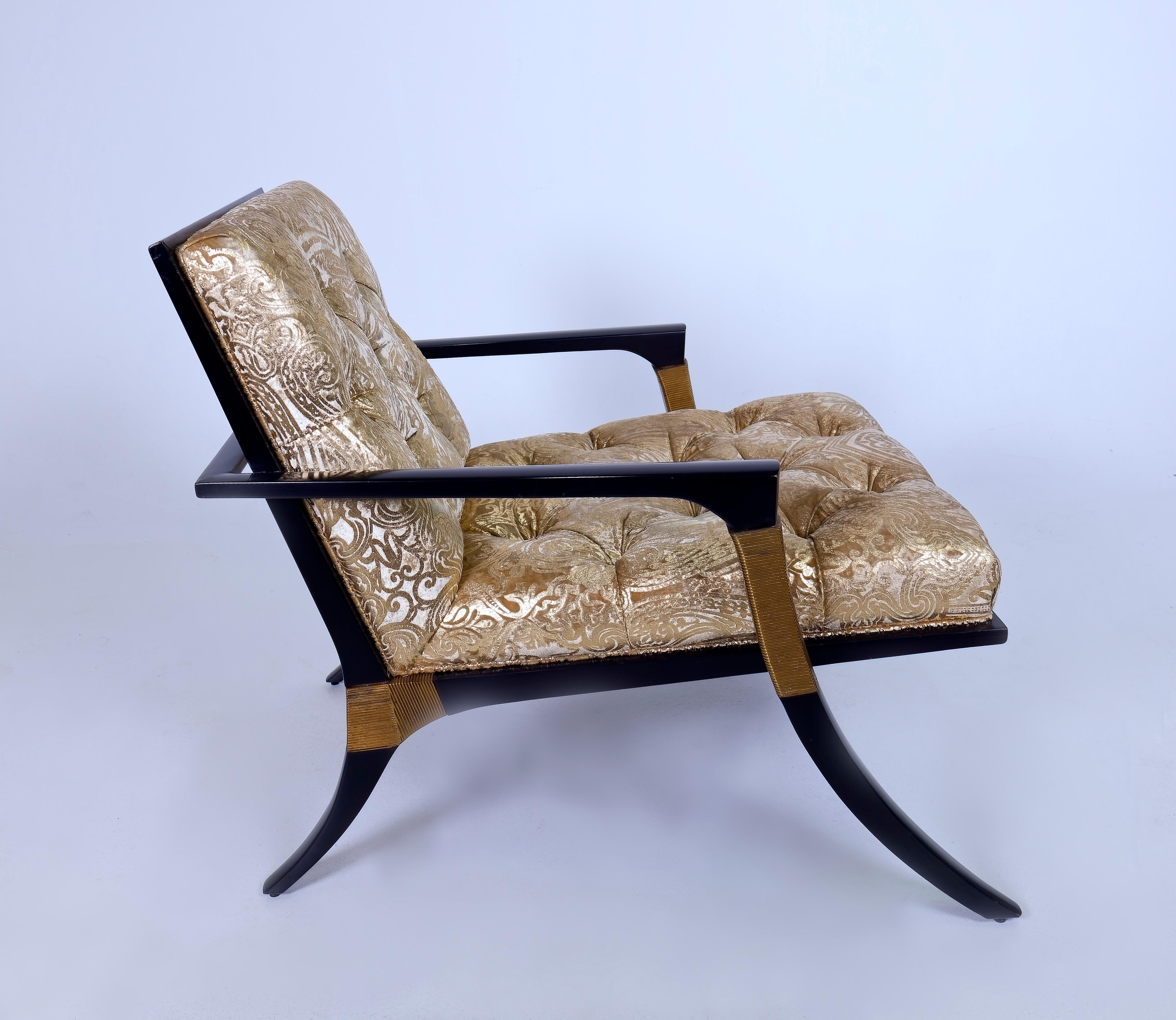 Bronze Pair of Athens Lounge Chairs by Thomas Pheasant for Baker, Klismos Gold Tufted For Sale