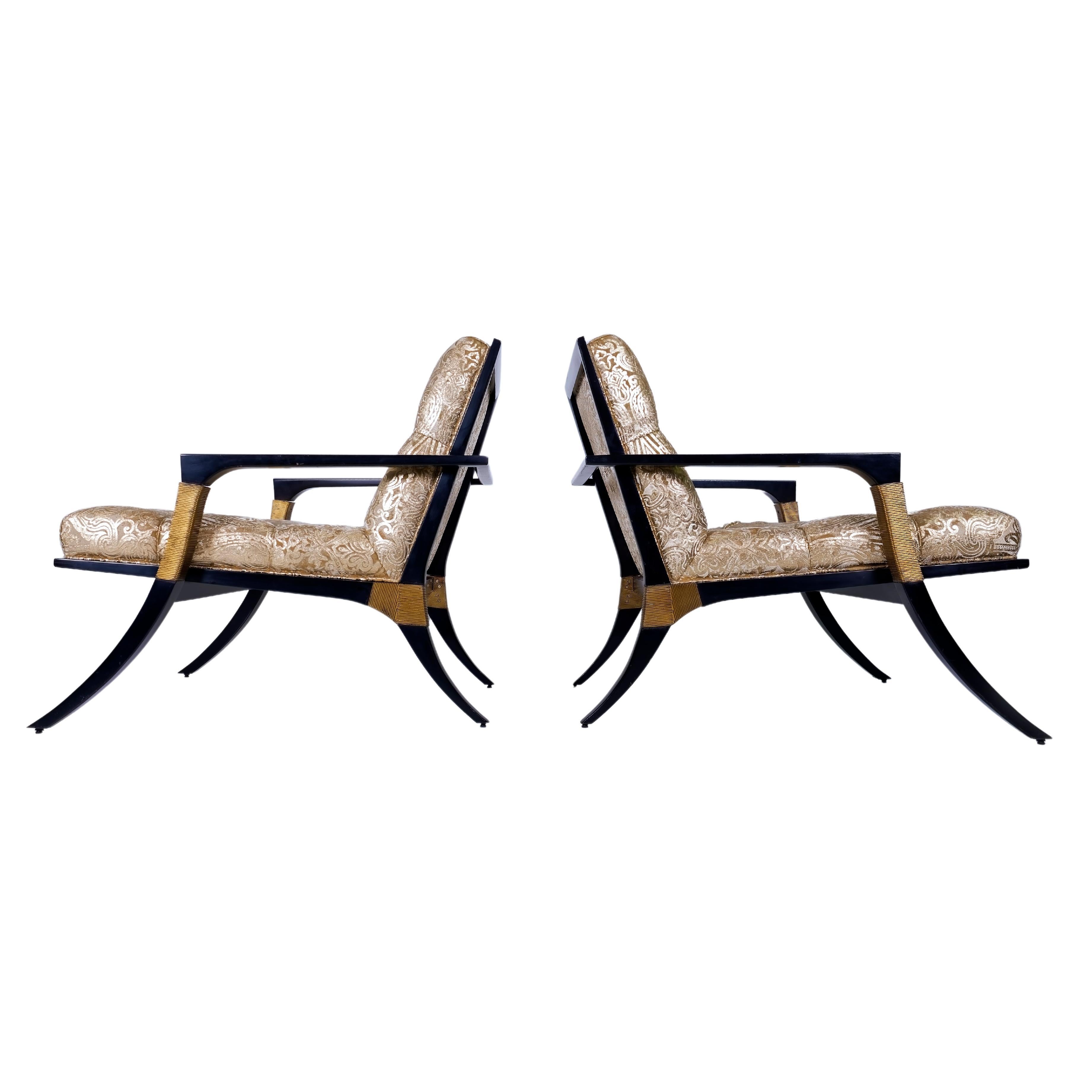 Pair of Athens Lounge Chairs by Thomas Pheasant for Baker, Klismos Gold Tufted For Sale