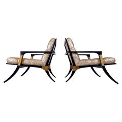 Pair of Athens Lounge Chairs by Thomas Pheasant for Baker, Klismos Gold Tufted