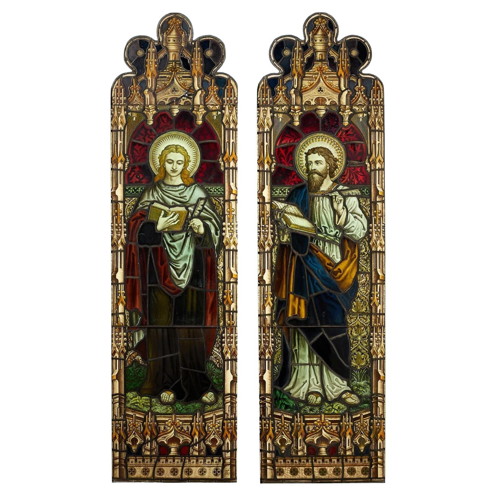 Paire de vitraux religieux d'Atkinson Bros, vers 1925