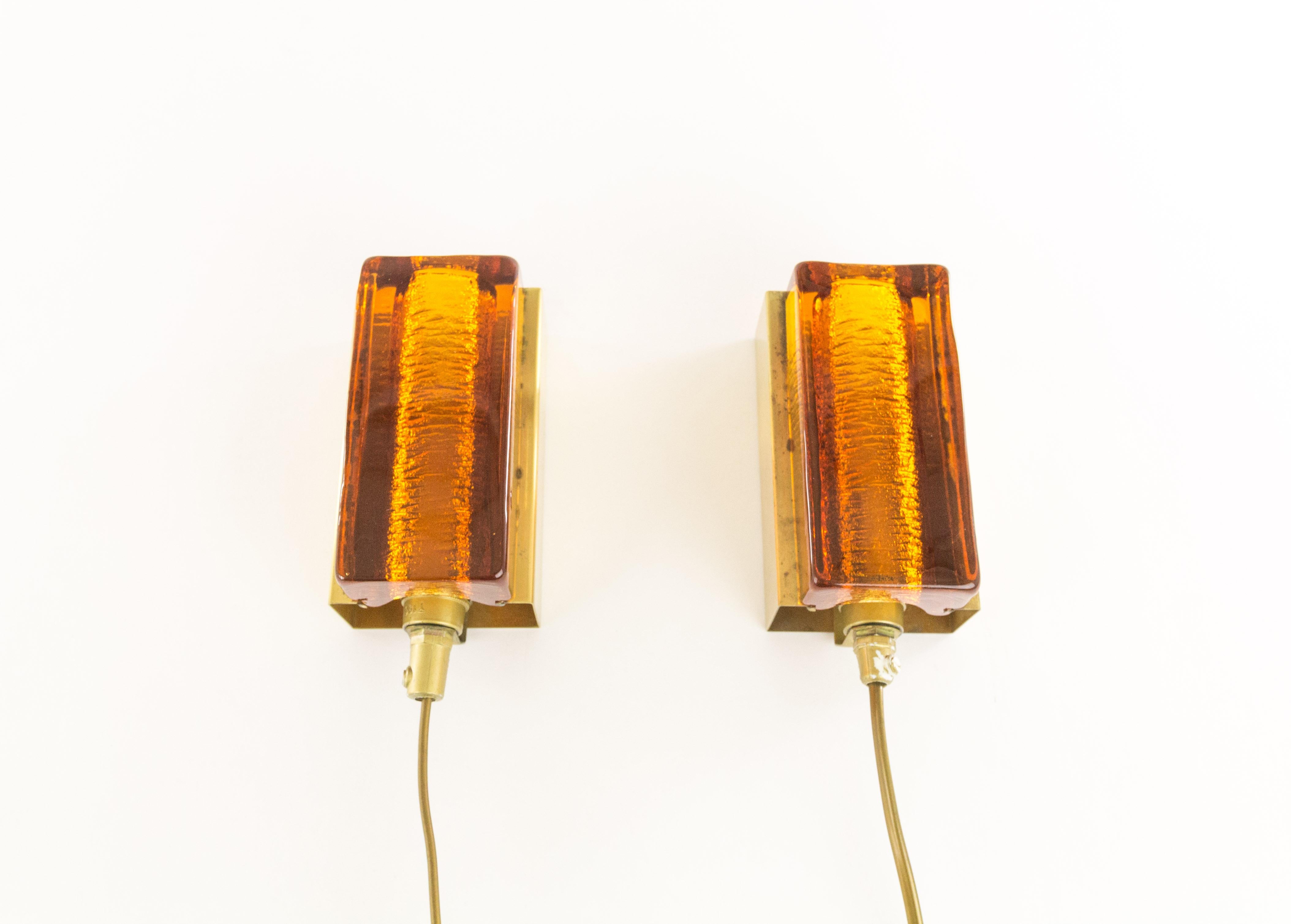 Mid-Century Modern Pair of Atlantic Wall Lamps by Vitrika in Amber, 1970s For Sale