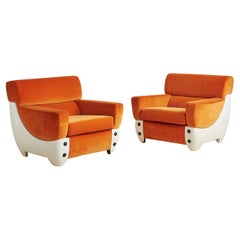 Pair of Atomic Age Fiberglass Lounge Chairs in Original Orange Fabric, Italy