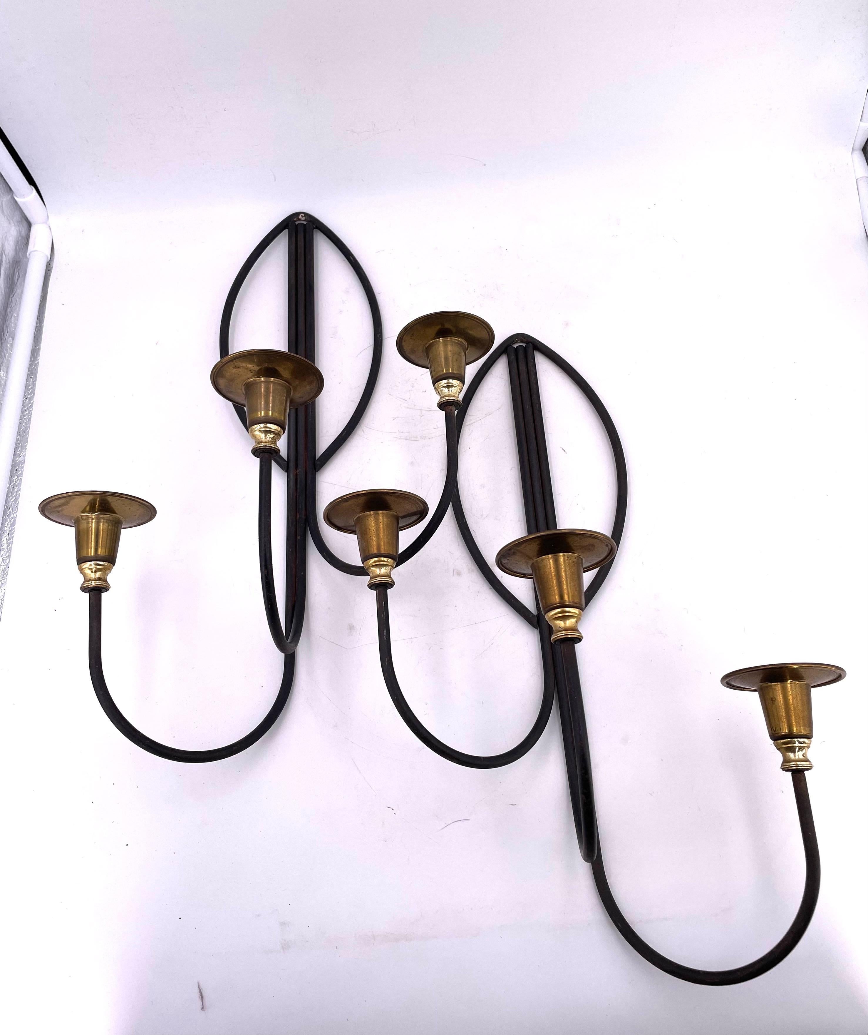 Mid-Century Modern Pair of Atomic Age Wall Candle Holders Brass & Iron