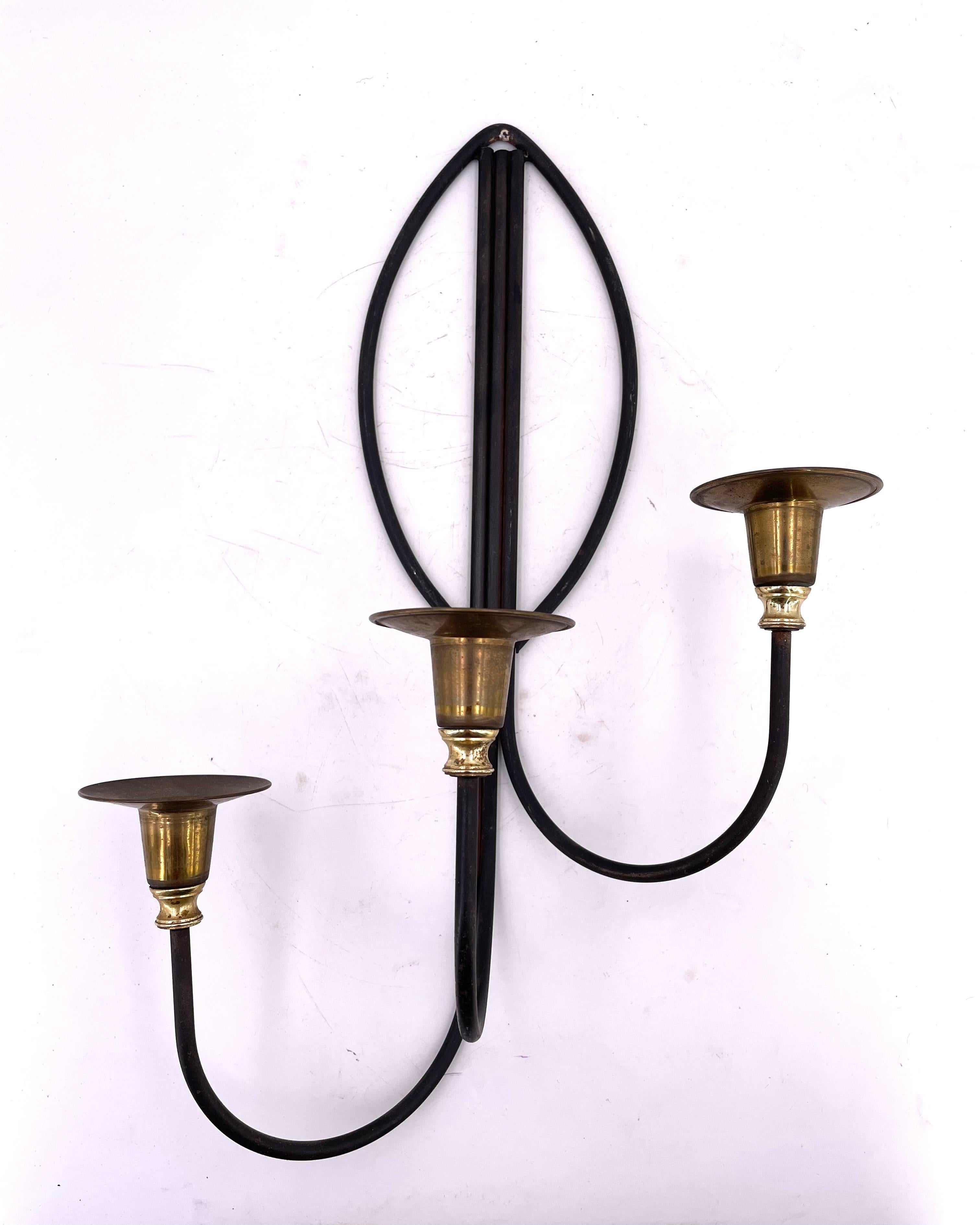 American Pair of Atomic Age Wall Candle Holders Brass & Iron