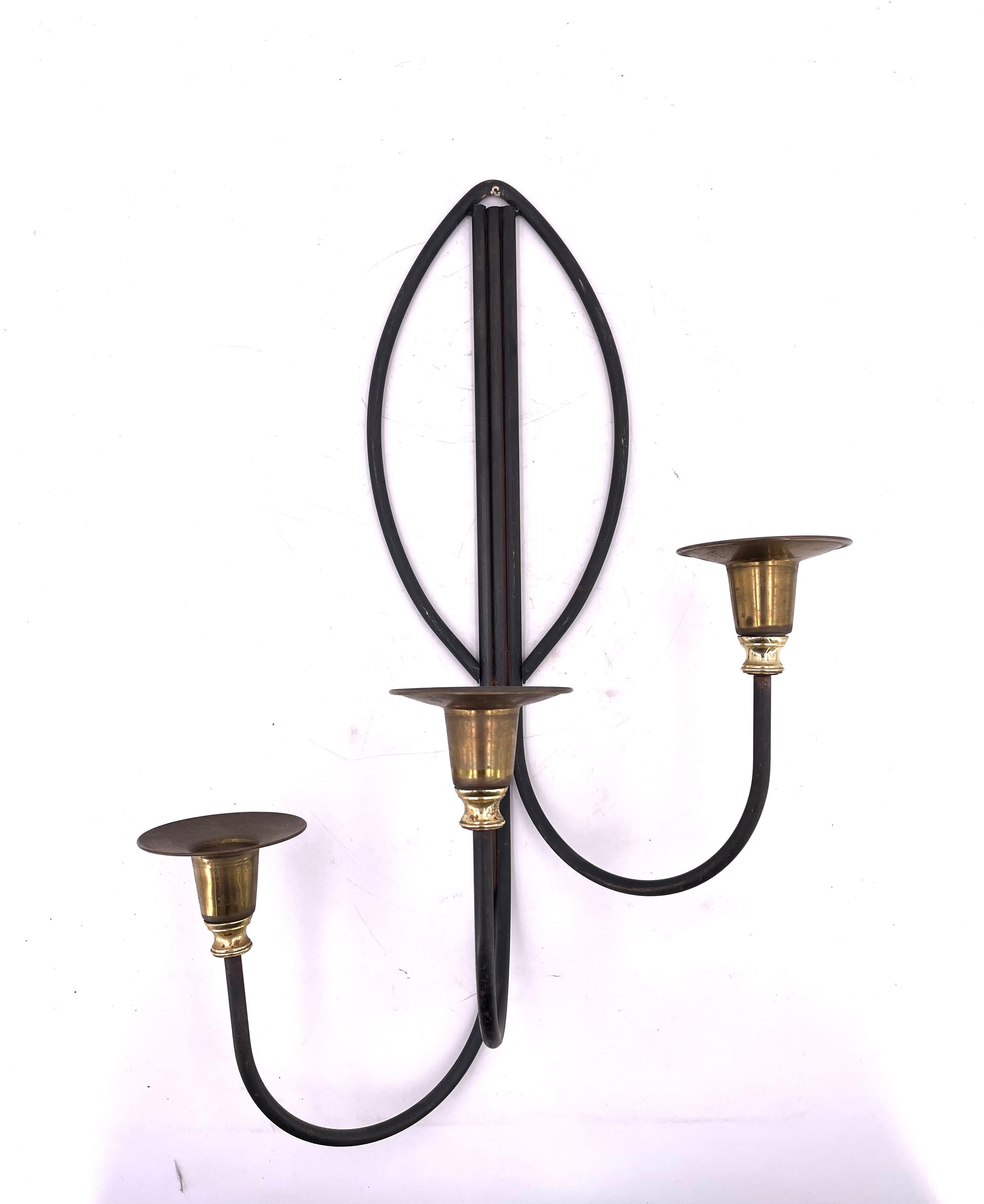 Pair of Atomic Age Wall Candle Holders Brass & Iron In Good Condition In San Diego, CA