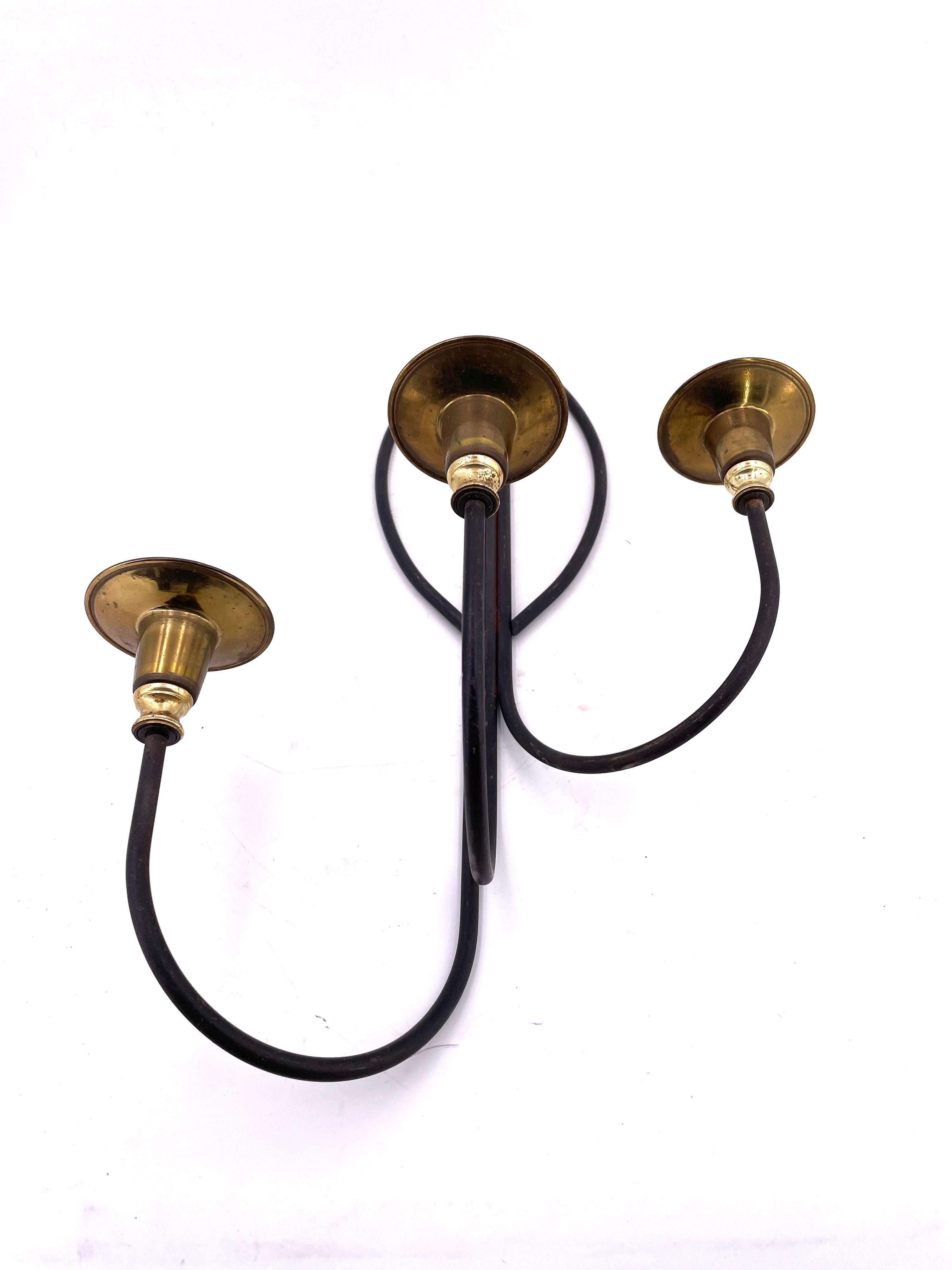 20th Century Pair of Atomic Age Wall Candle Holders Brass & Iron