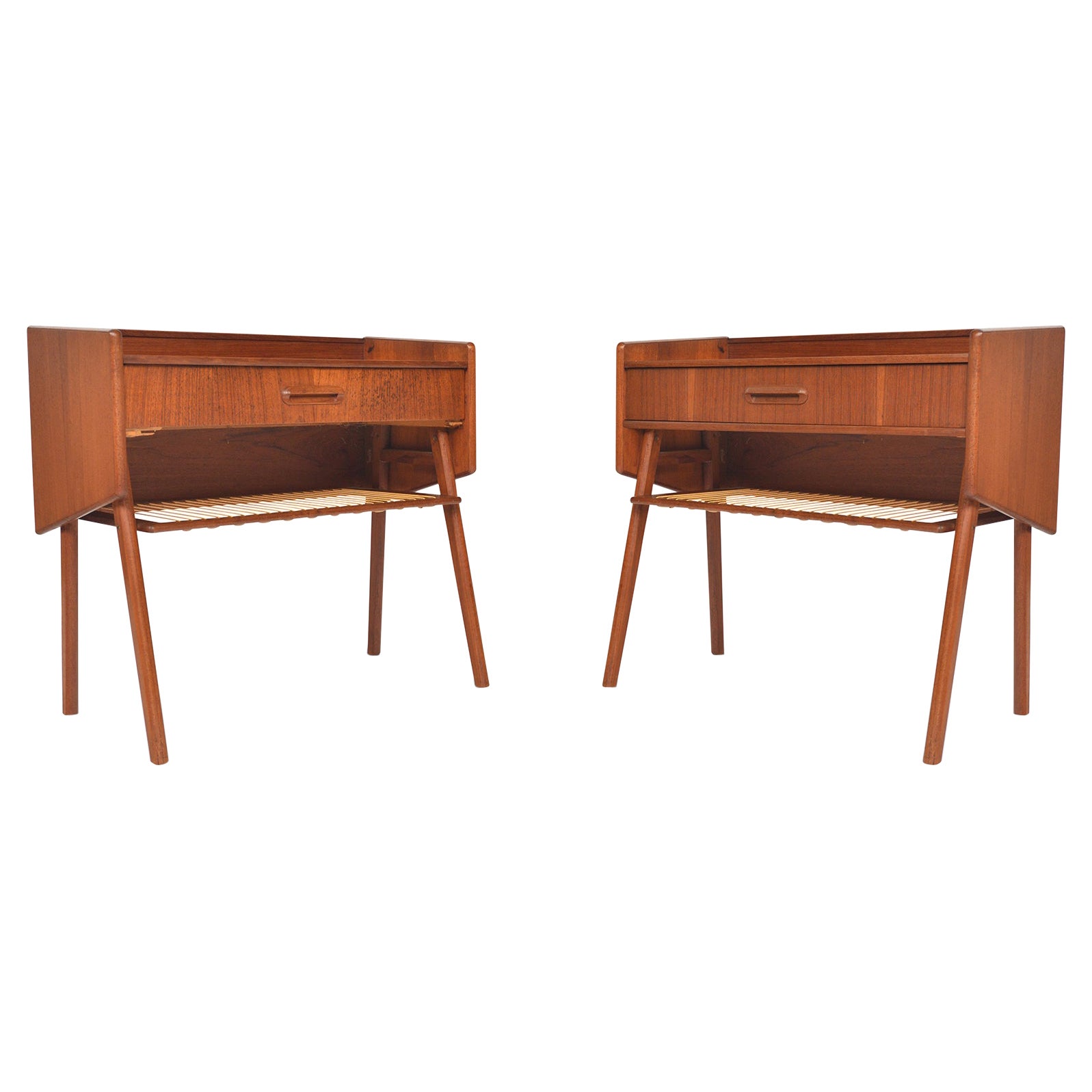 Pair Of Atomic Teak Nightstands With Wire Racks