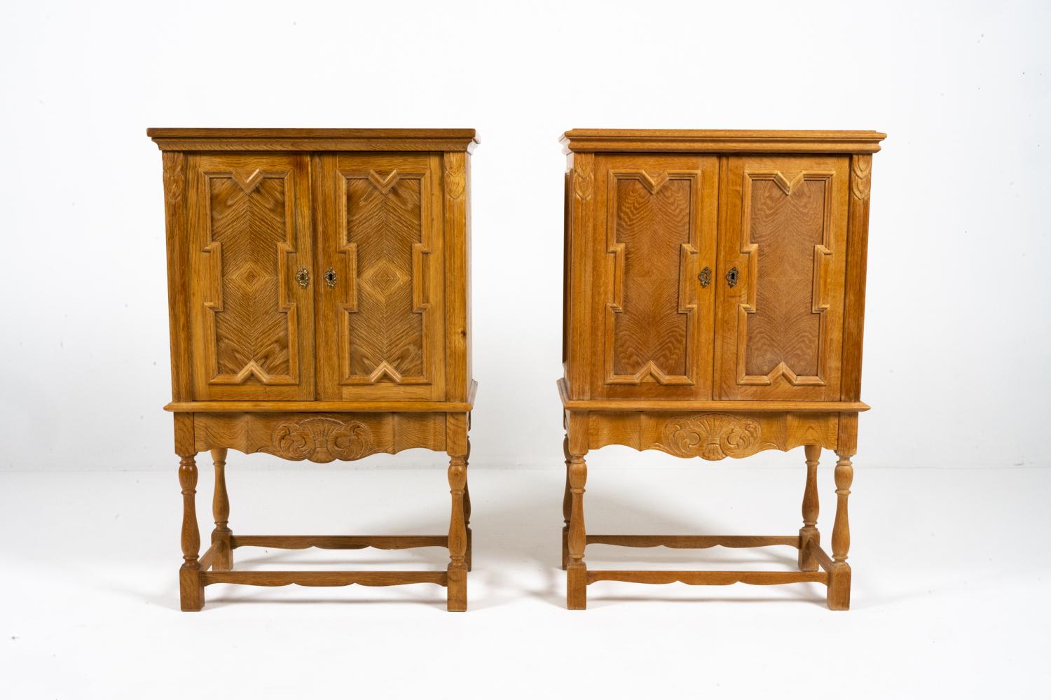 Danish Pair of Attr. Henning Kjaernulf Carved Oak Cabinets For Sale