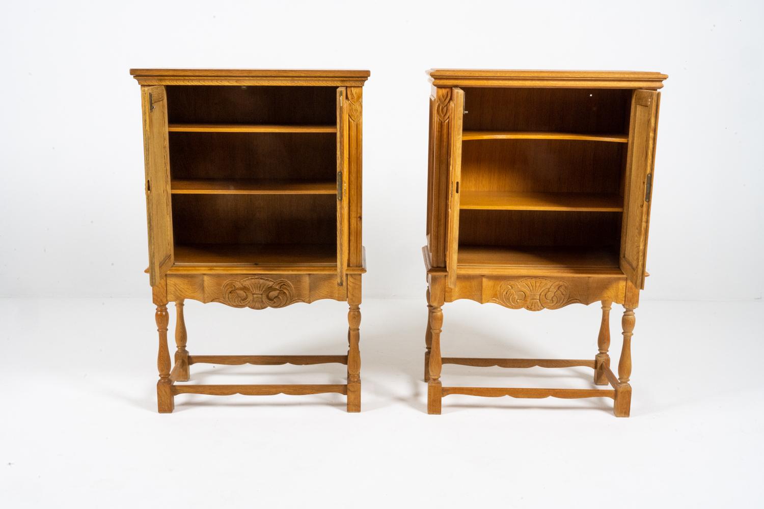 Pair of Attr. Henning Kjaernulf Carved Oak Cabinets In Good Condition For Sale In Norwalk, CT