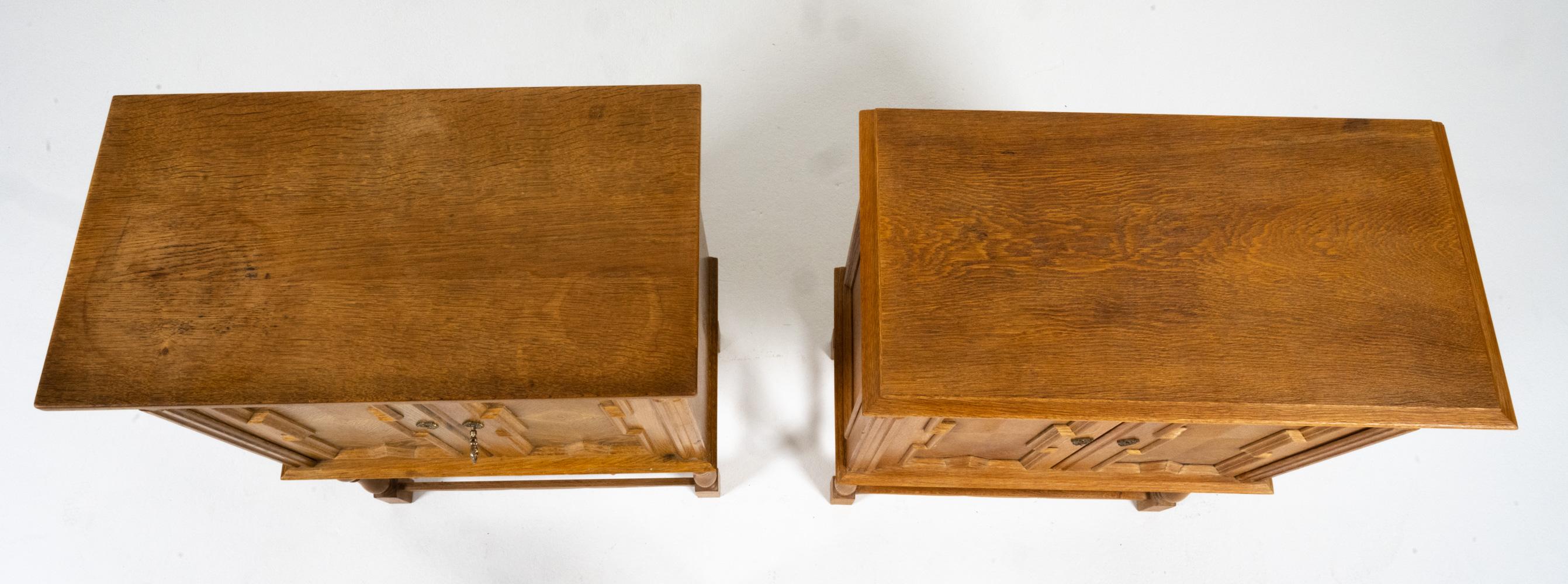 Pair of Attr. Henning Kjaernulf Carved Oak Cabinets For Sale 1