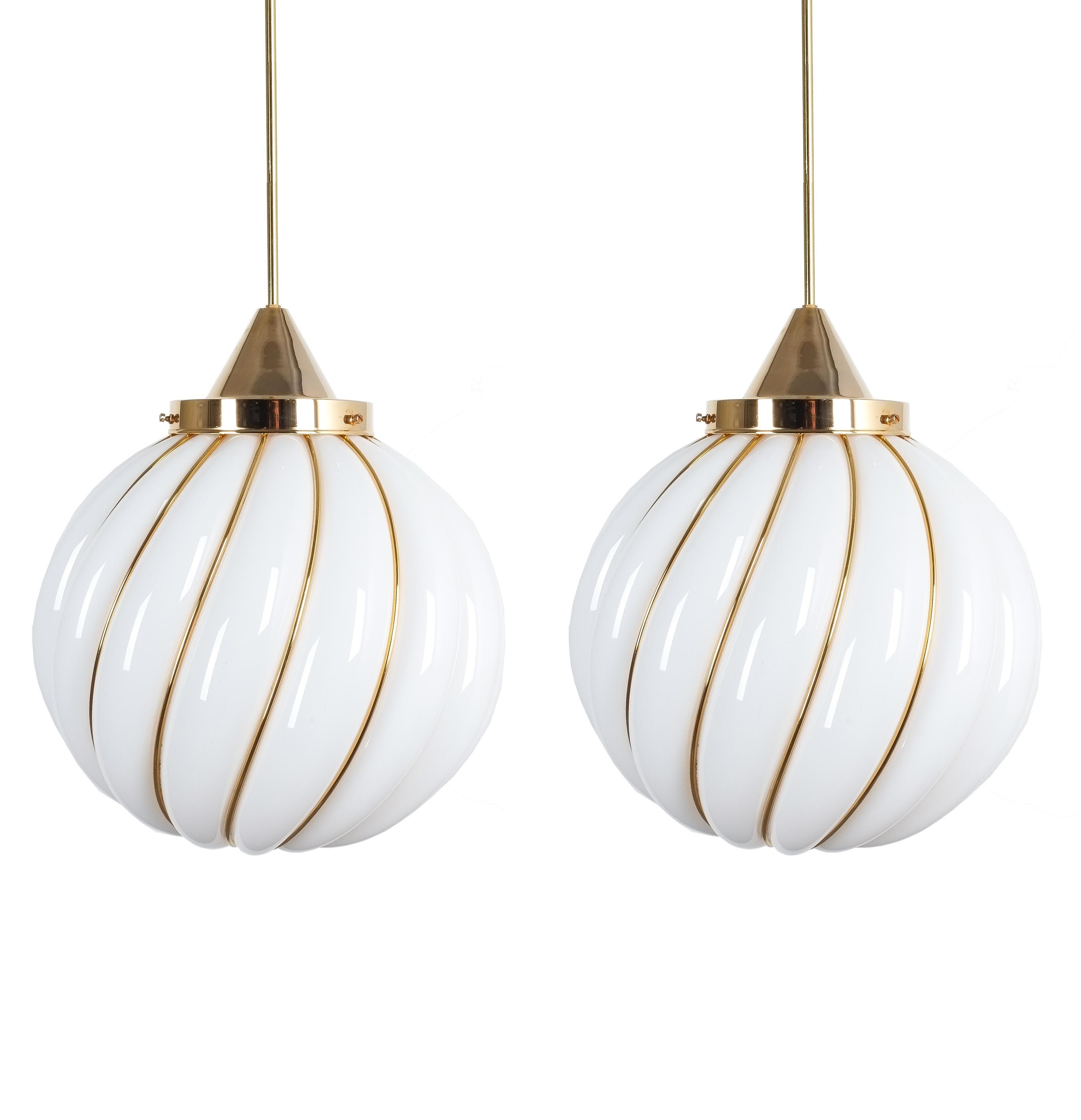 Pair of Adolf Loos Pendant Lamps For Veart Opal Glass Gold, circa 1960
