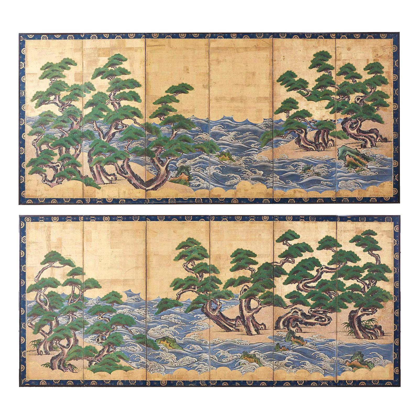 Pair of Attributed Tosa Mitsuoki Pines Along Seashore Edo Screens