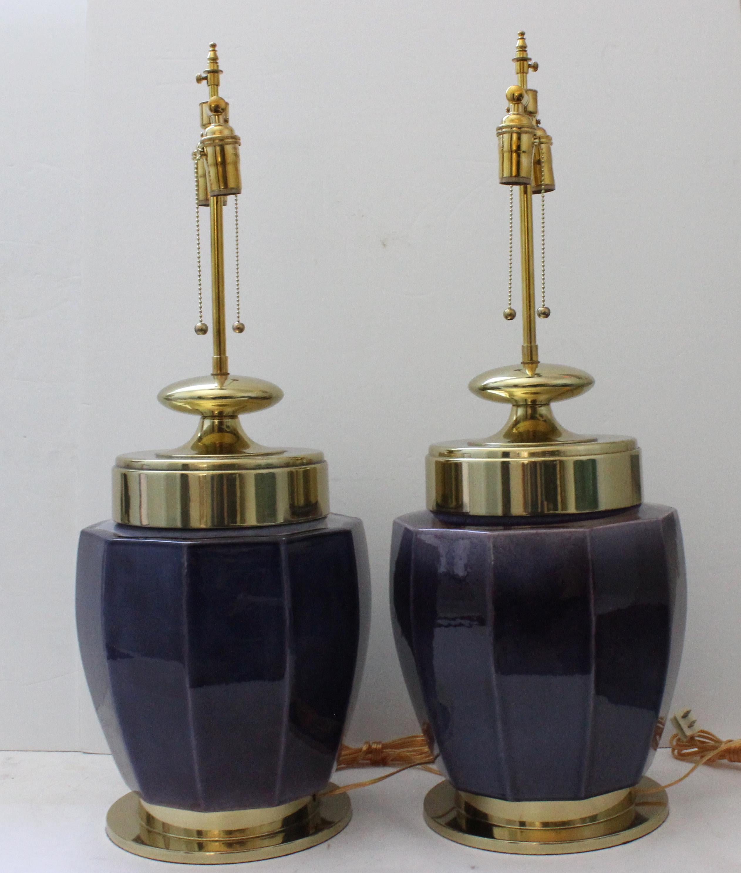 Hollywood Regency Pair of Aubergine Glazed Lamps by Stiffel