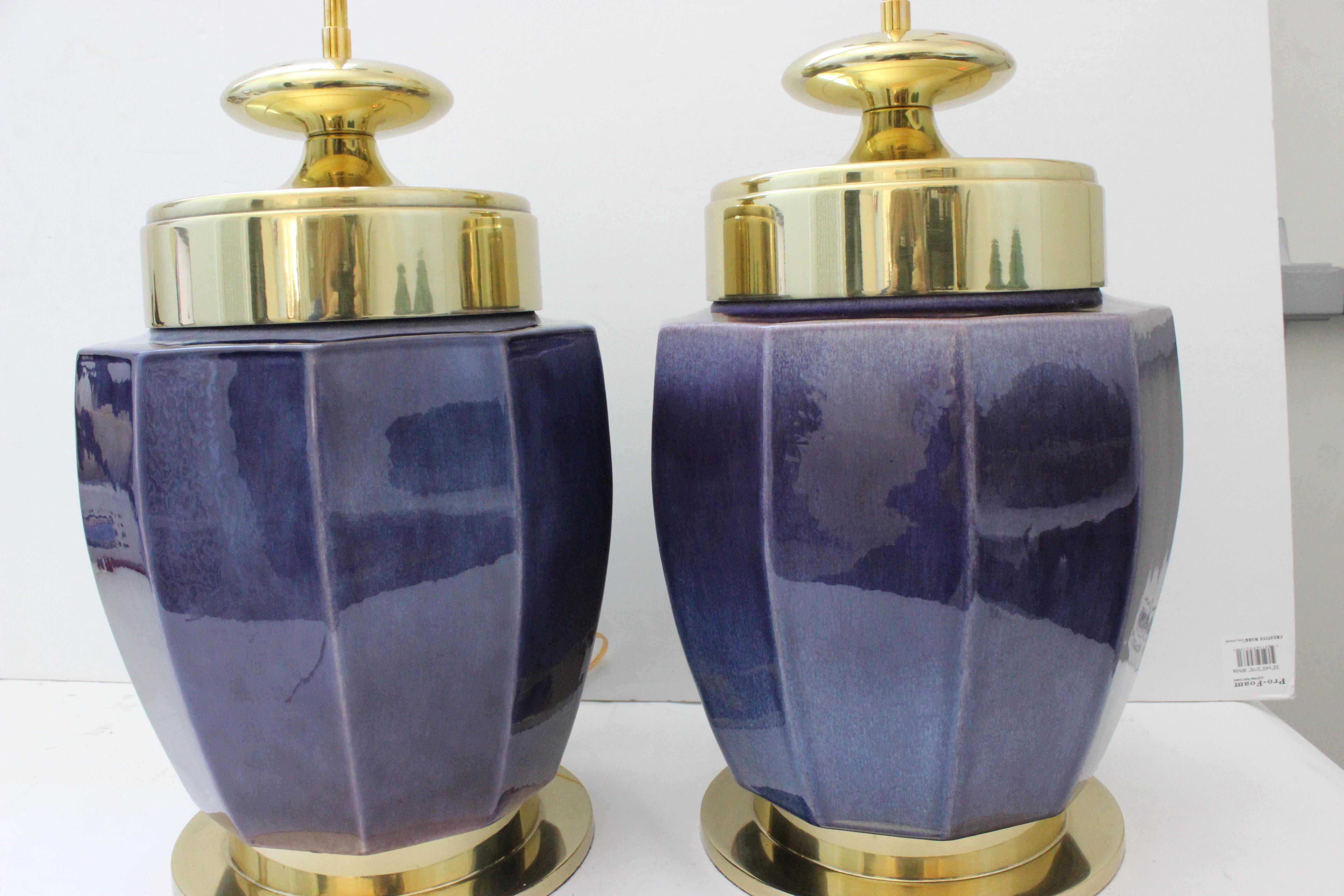 Polished Pair of Aubergine Glazed Lamps by Stiffel
