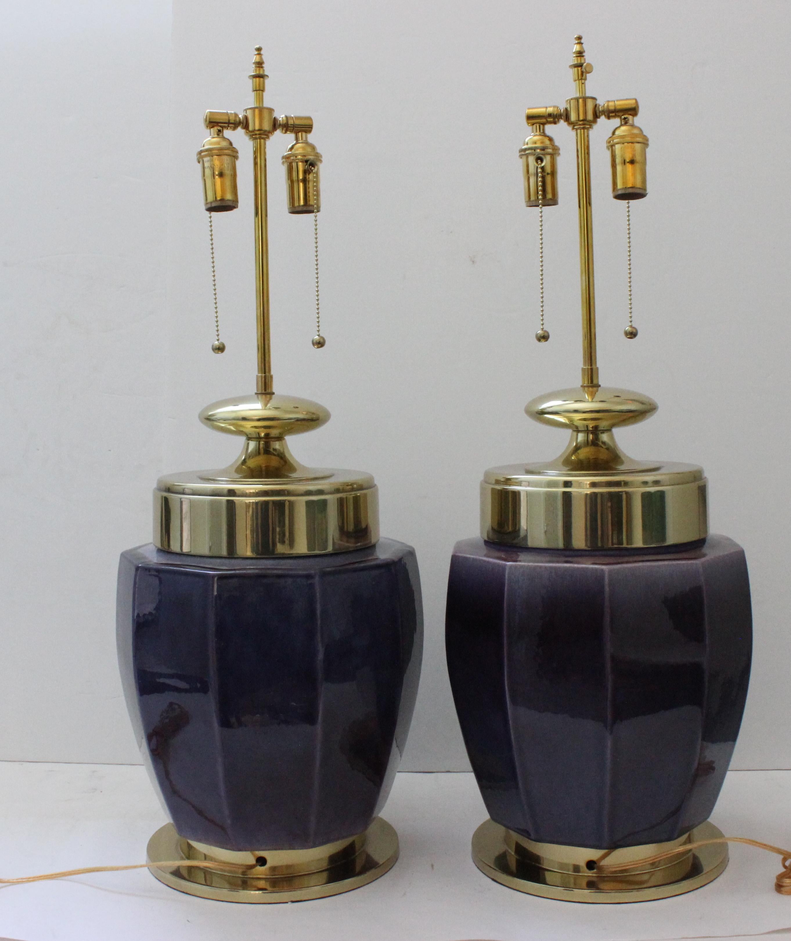 Porcelain Pair of Aubergine Glazed Lamps by Stiffel
