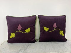 Pair of Aubergine Velvet Pillows - Antique Hand-Embroidered Grape Vine Applique