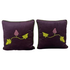 Pair of Aubergine Velvet Pillows - Antique Hand-Embroidered Grape Vine Applique