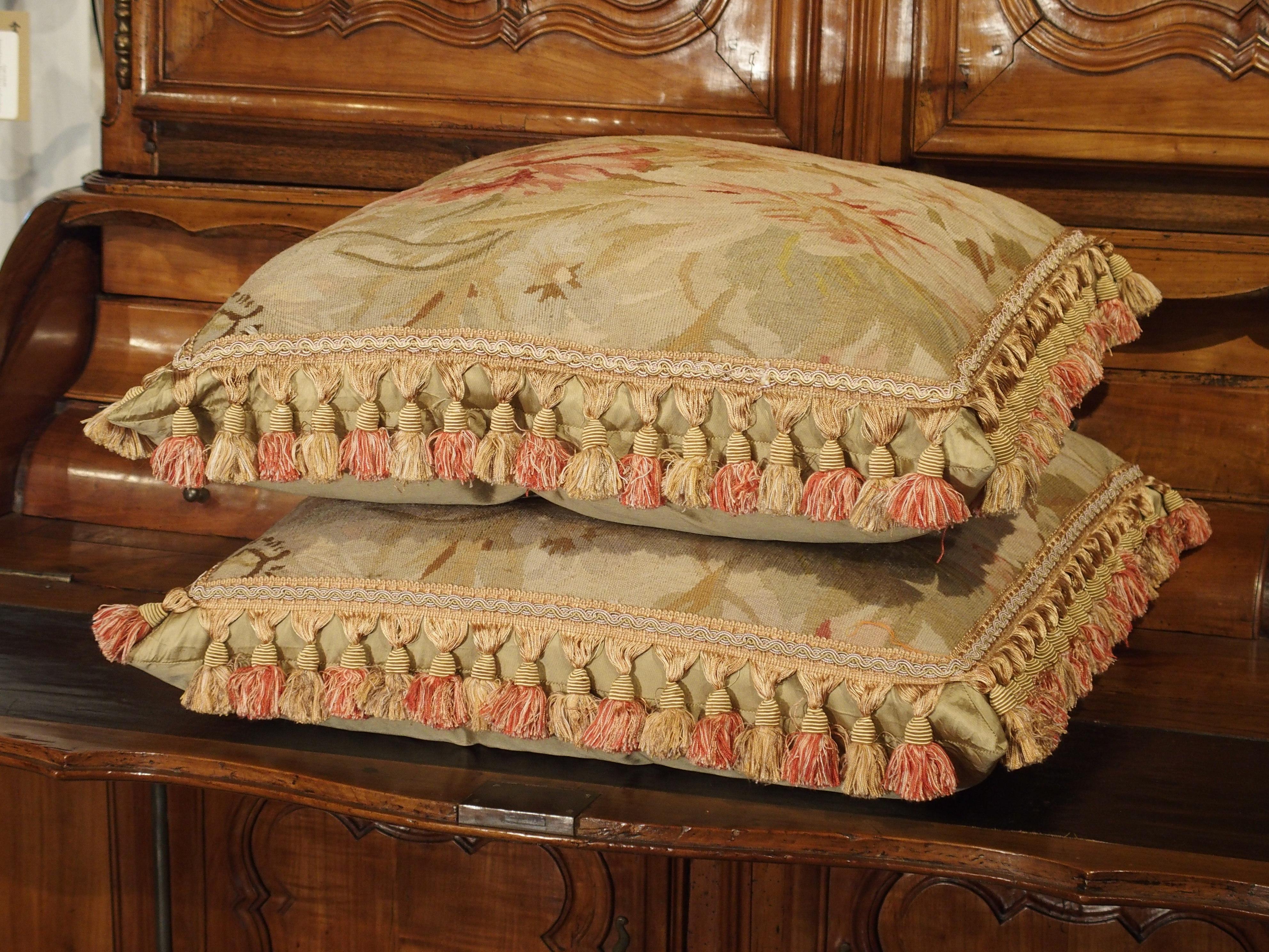 Woven Pair of Aubusson Pillows with Silk Tassels