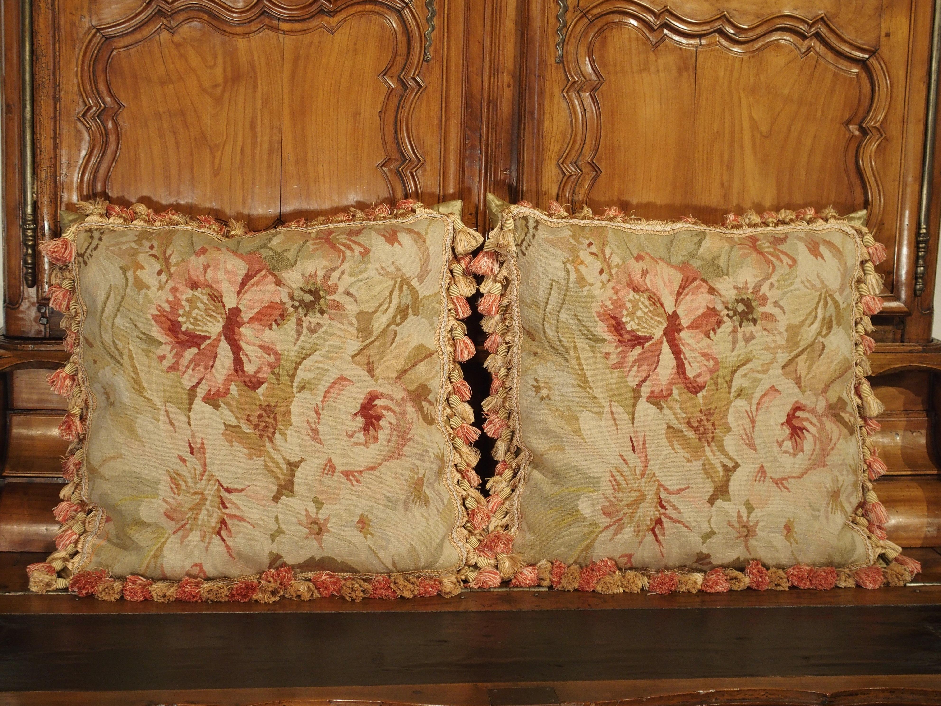 Wool Pair of Aubusson Pillows with Silk Tassels