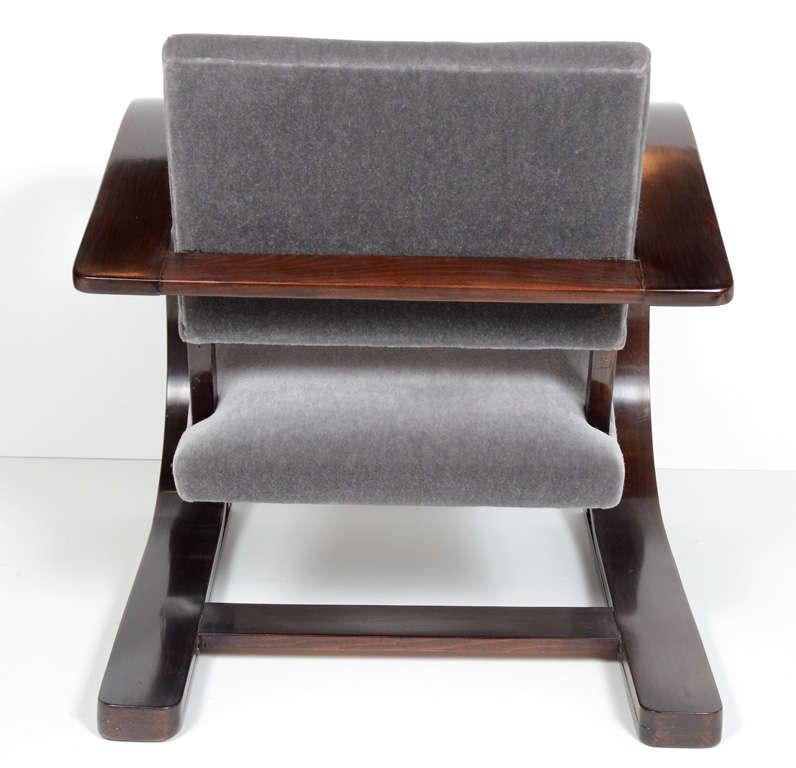 Pair of Audoux Minet Modernist Bentwood and Mohair Lounge Chairs, C. 1940's In Good Condition In Fort Lauderdale, FL