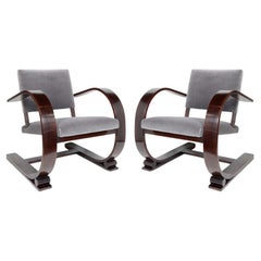 Pair of Audoux Minet Modernist Bentwood and Mohair Lounge Chairs, C. 1940's