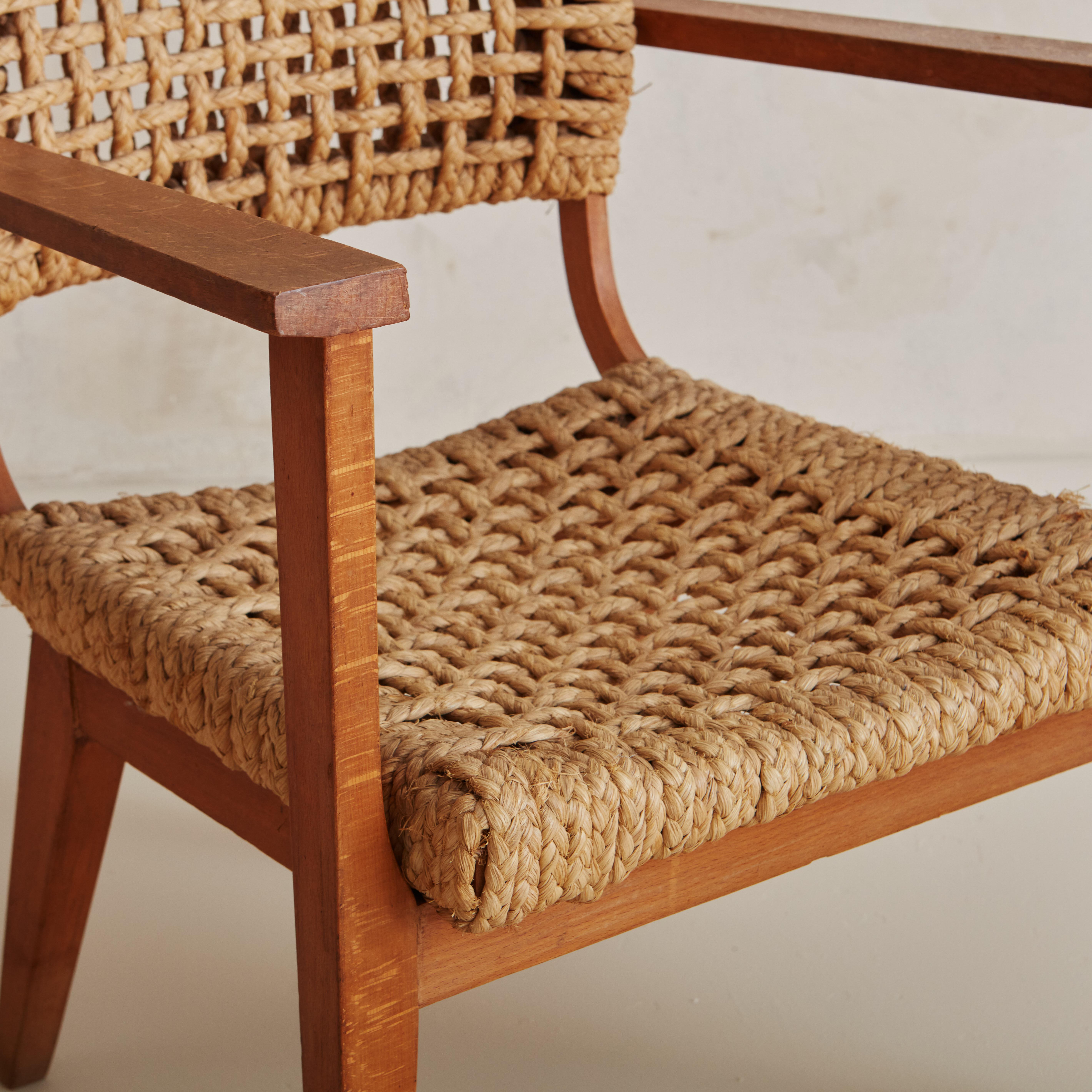 Mid-20th Century Pair of Audoux + Minet Rope and Wood Lounge Chairs