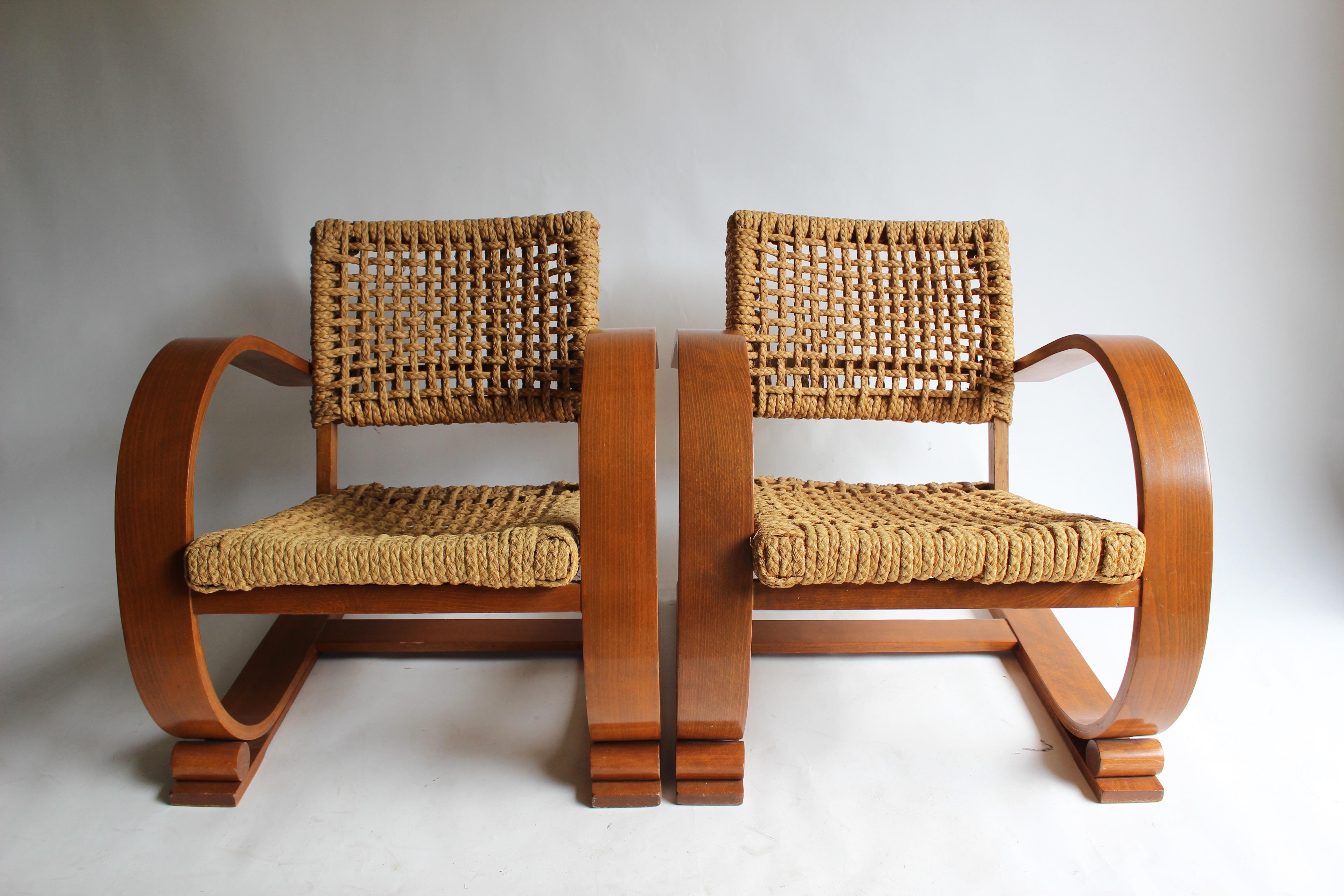 Pair of rope and maple French arm chairs by Frida Minet and Adrien Audoux.