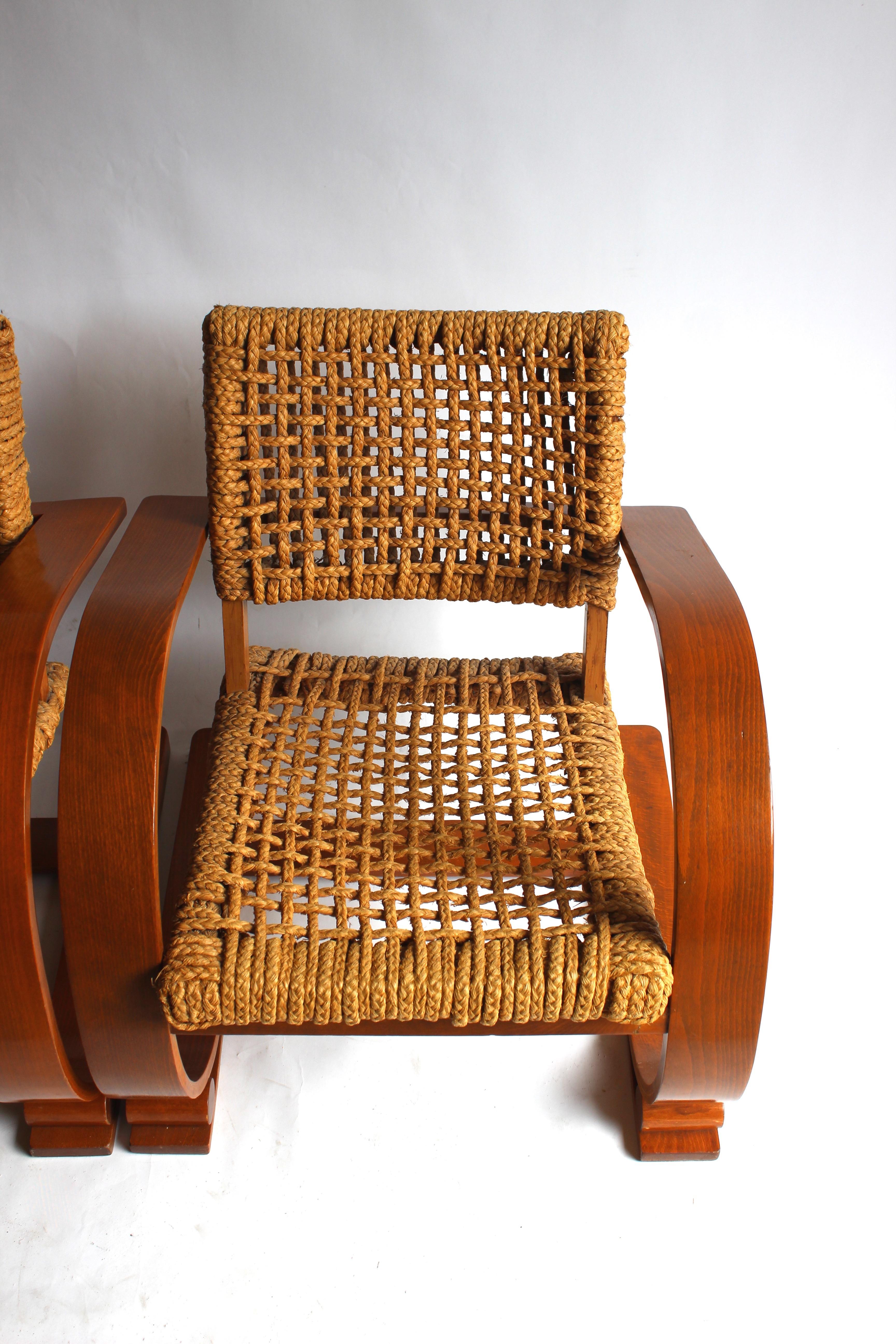 Mid-20th Century Pair of Audoux Minet Rope Armchairs