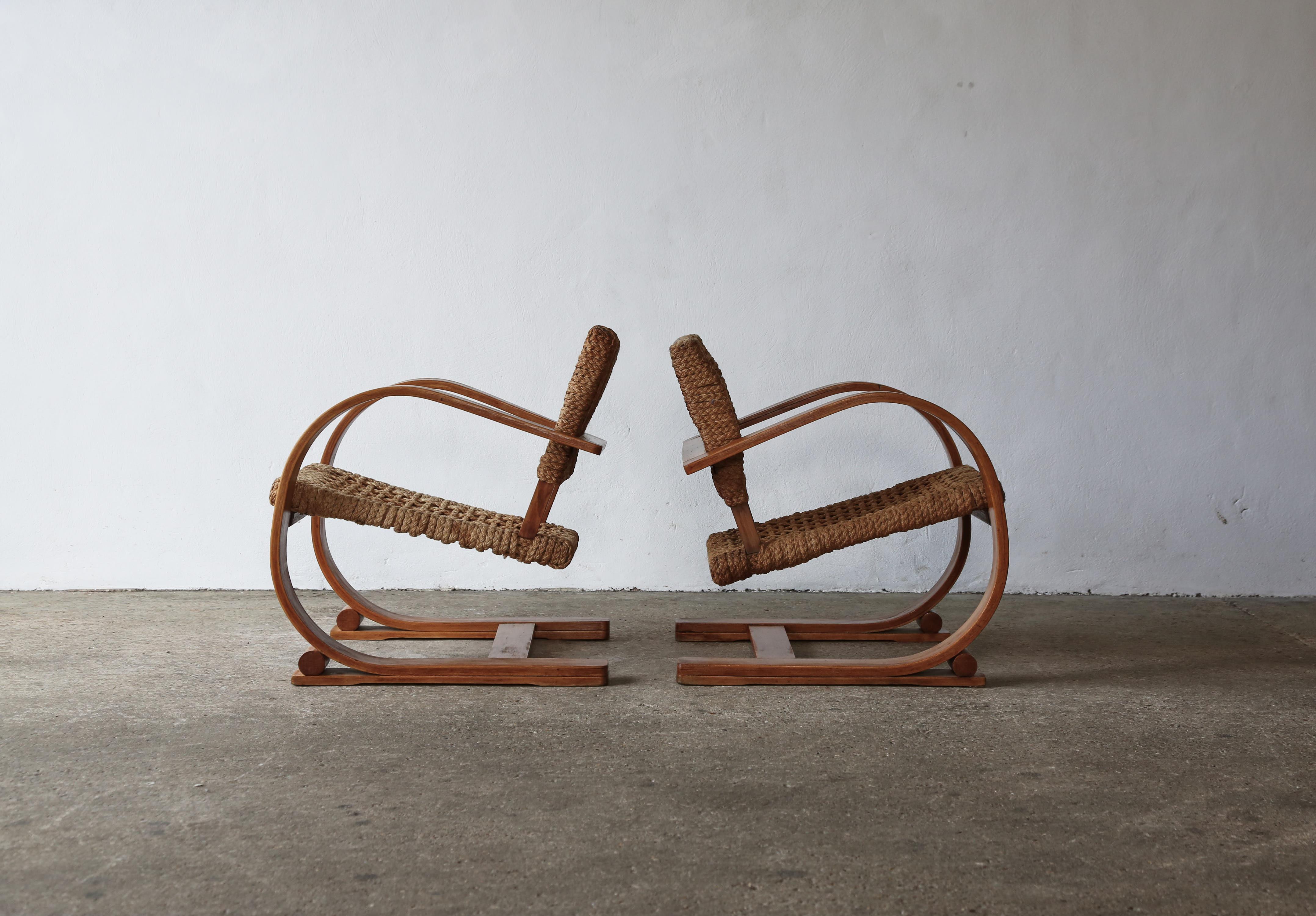 Mid-Century Modern Paire de chaises en corde Audoux & Minet, Vibo, France, années 1950 en vente