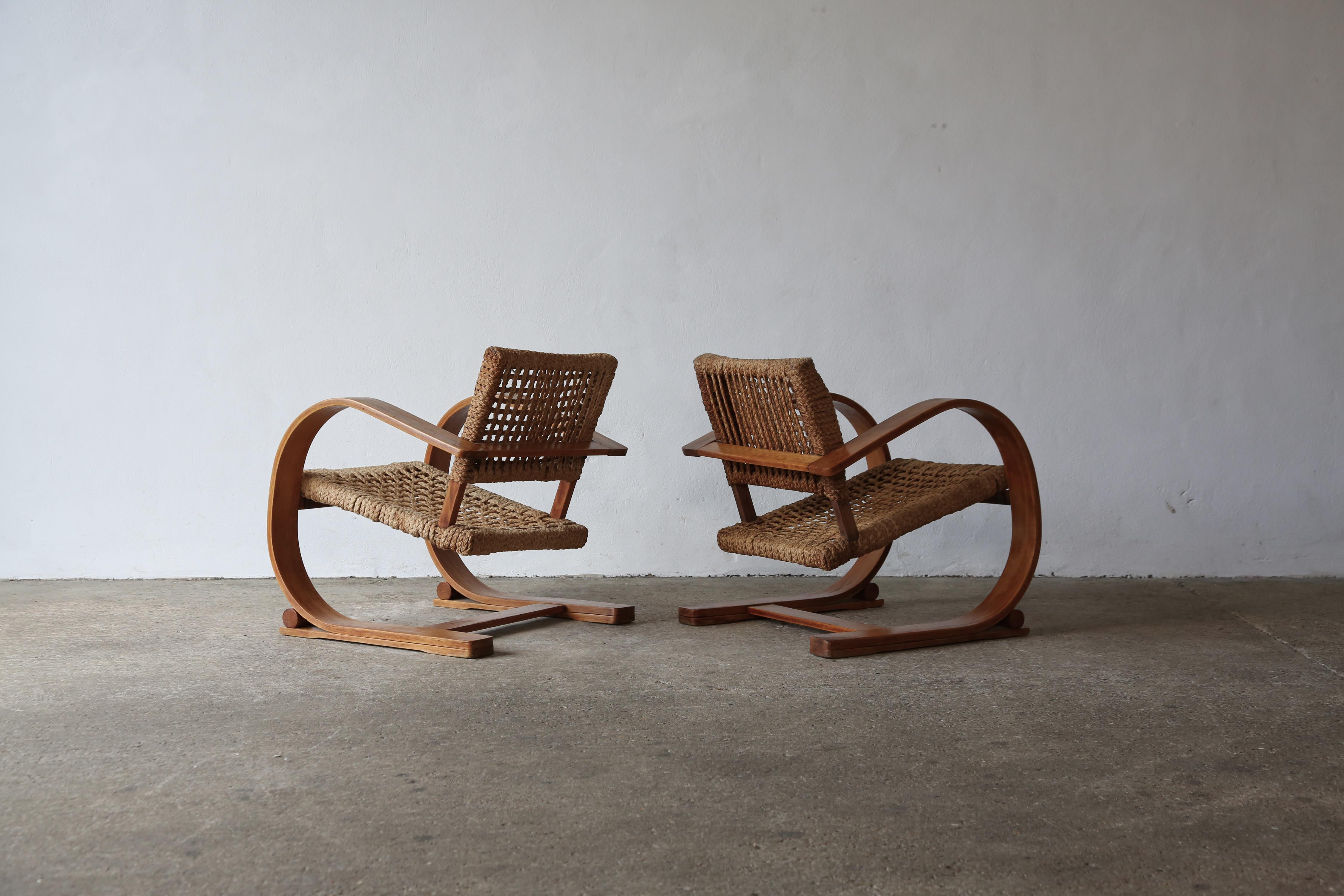 French Pair of Audoux & Minet Rope Chairs, Vibo, France, 1950s For Sale