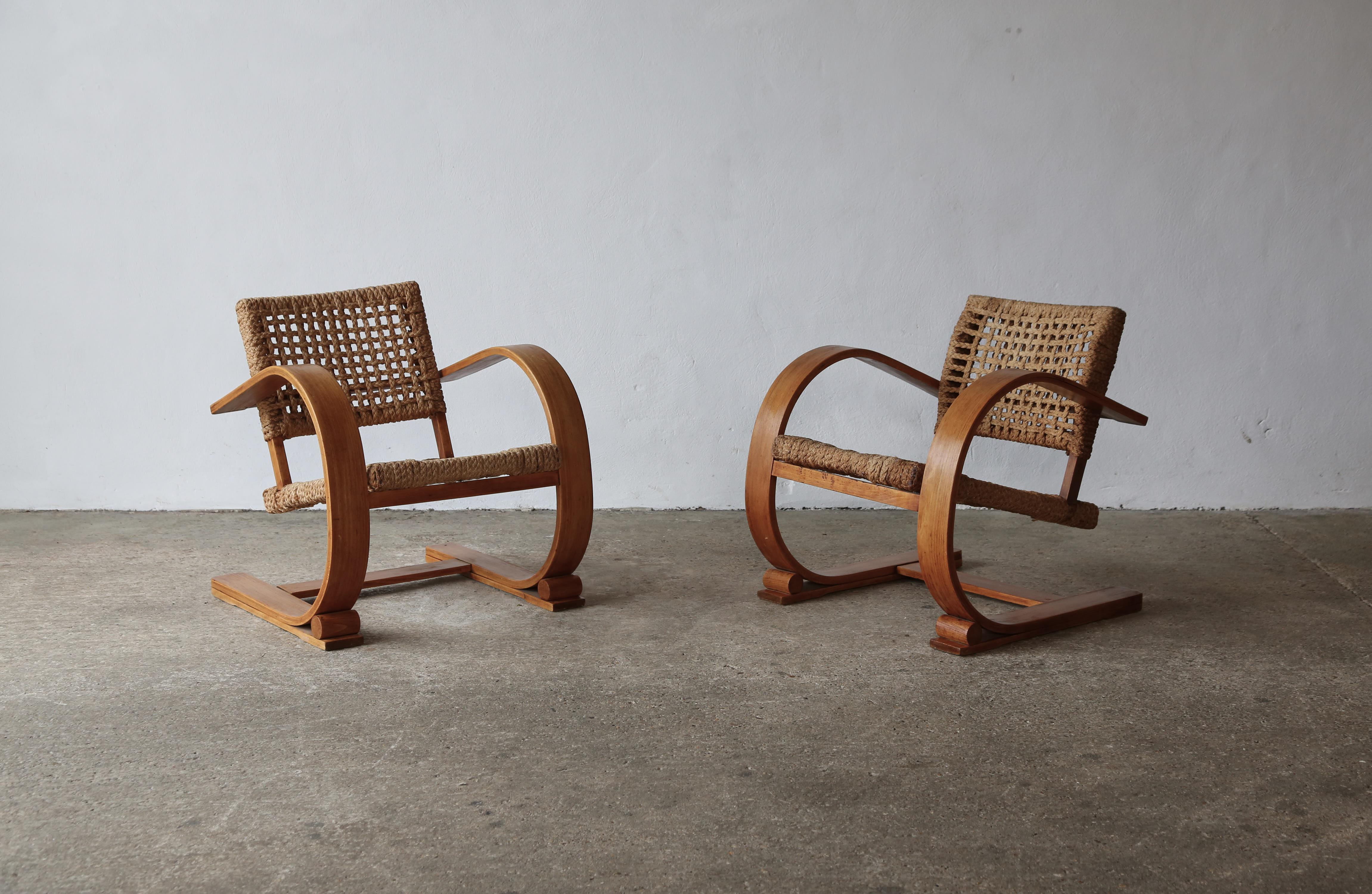 20th Century Pair of Audoux & Minet Rope Chairs, Vibo, France, 1950s For Sale