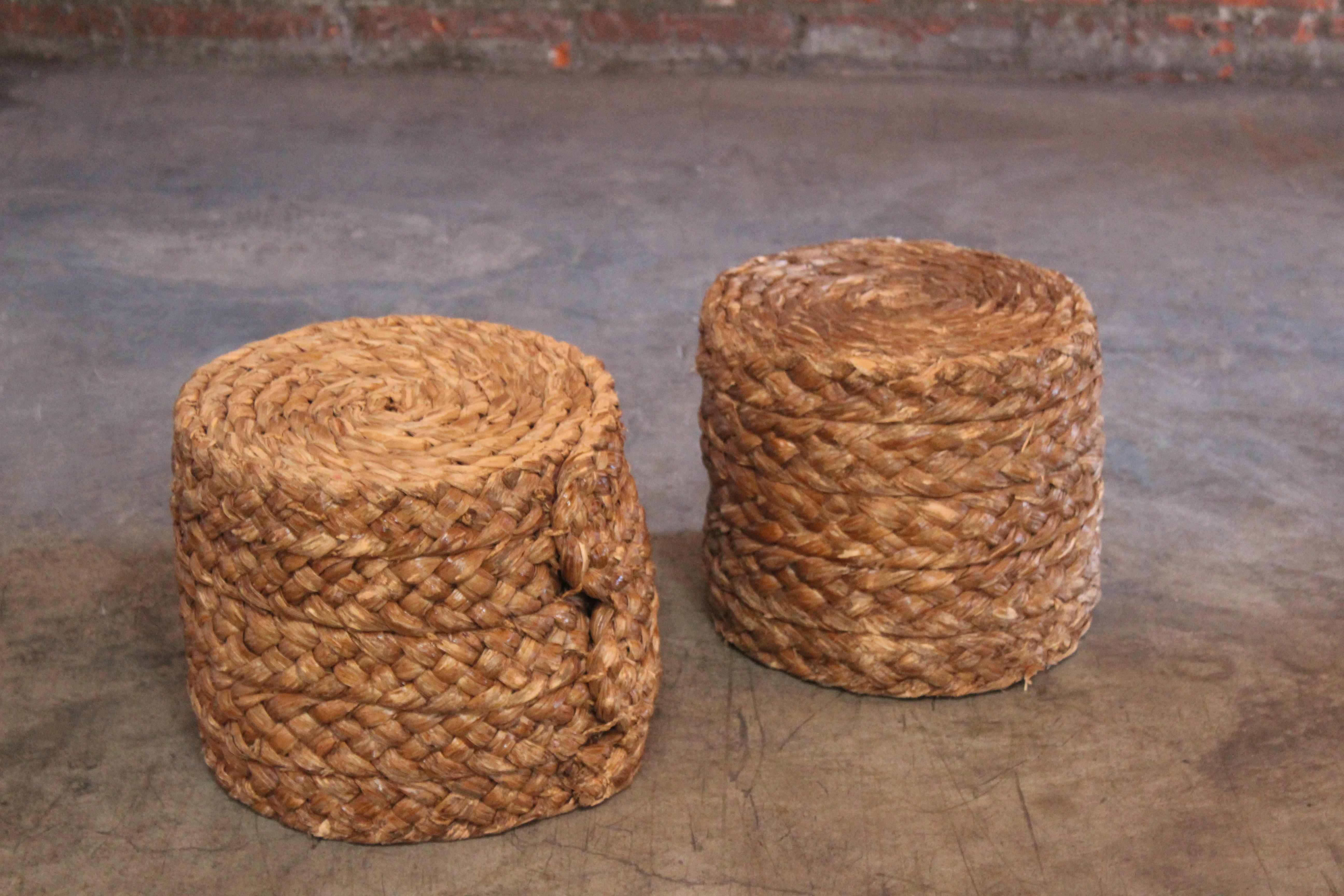 Pair of vintage rope stools by Audoux-Minex, France, 1950s. In good vintage condition with age appropriate wear.