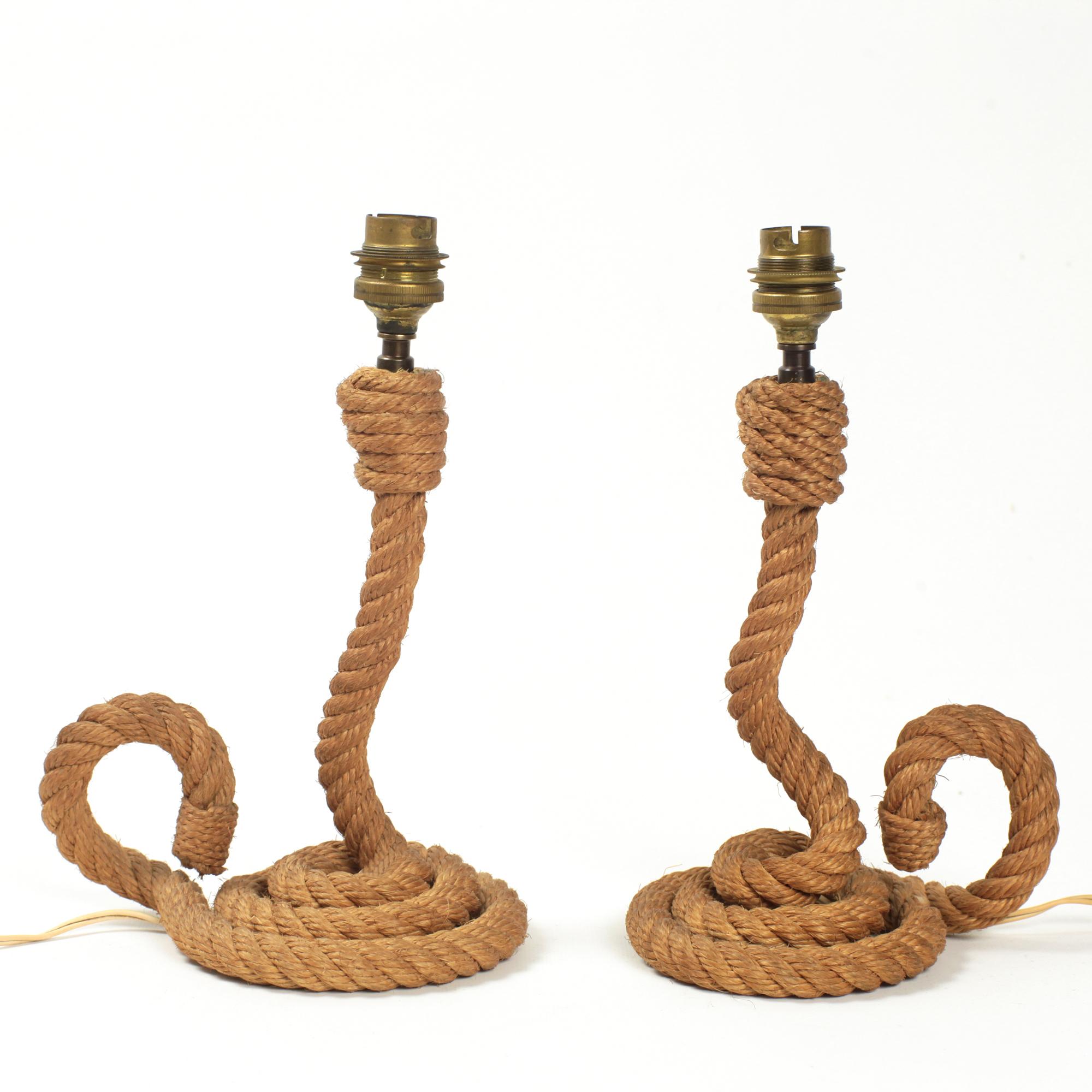 Mid-Century Modern Pair of Audoux-Minet Rope Table Lamps France, 1950 For Sale