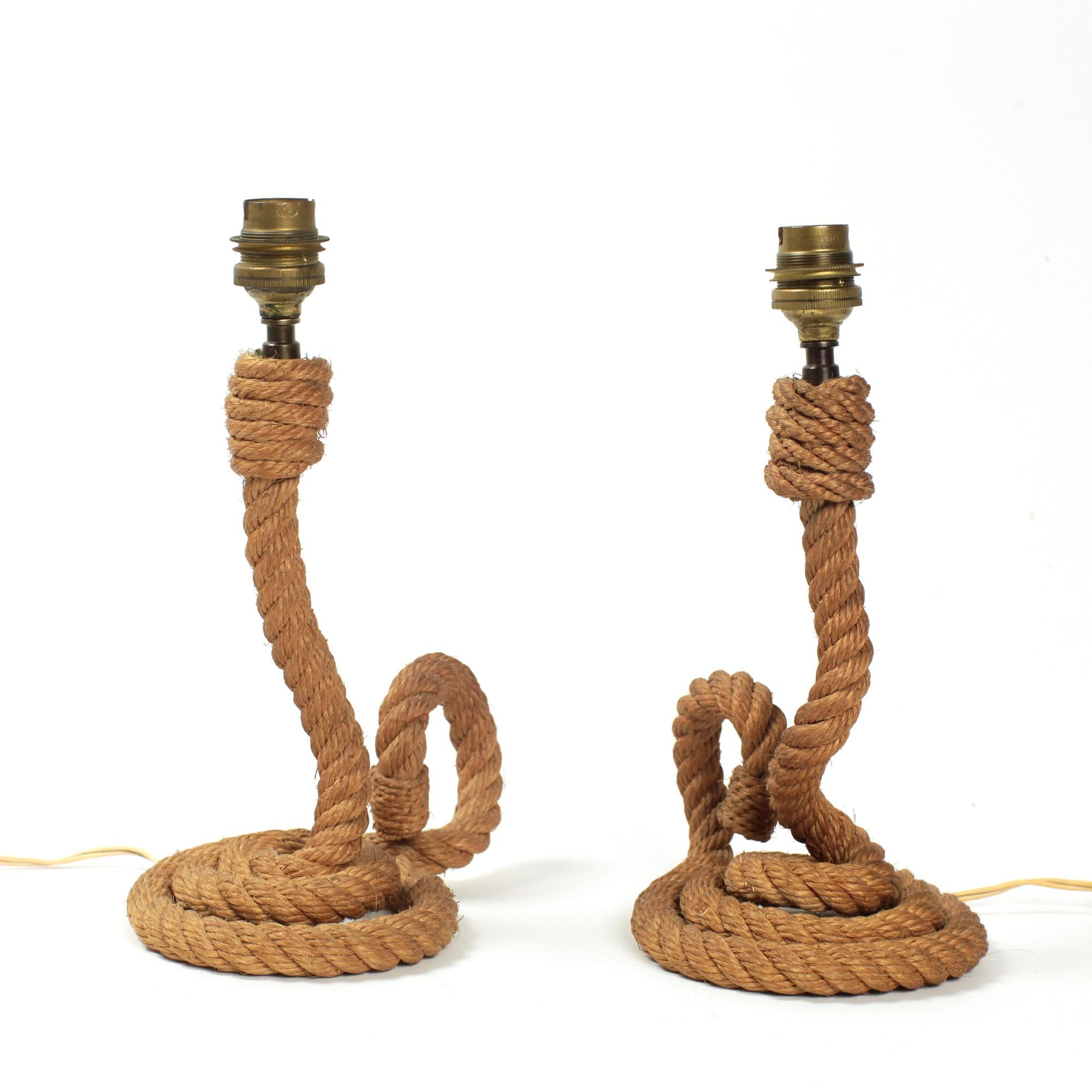 French Pair of Audoux-Minet Rope Table Lamps France, 1950 For Sale