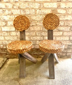 Pair of Audoux Minet Tripod Base Chairs with Abaca Seat and Back