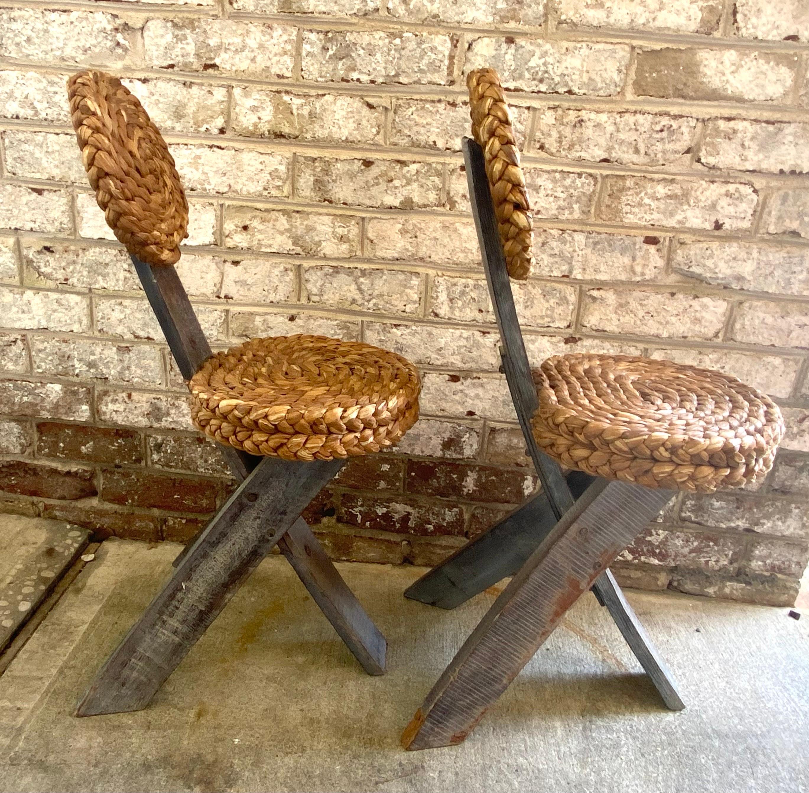 Wood Pair of Audoux Minet Tripod Base Chairs with Abaca Seat and Back For Sale