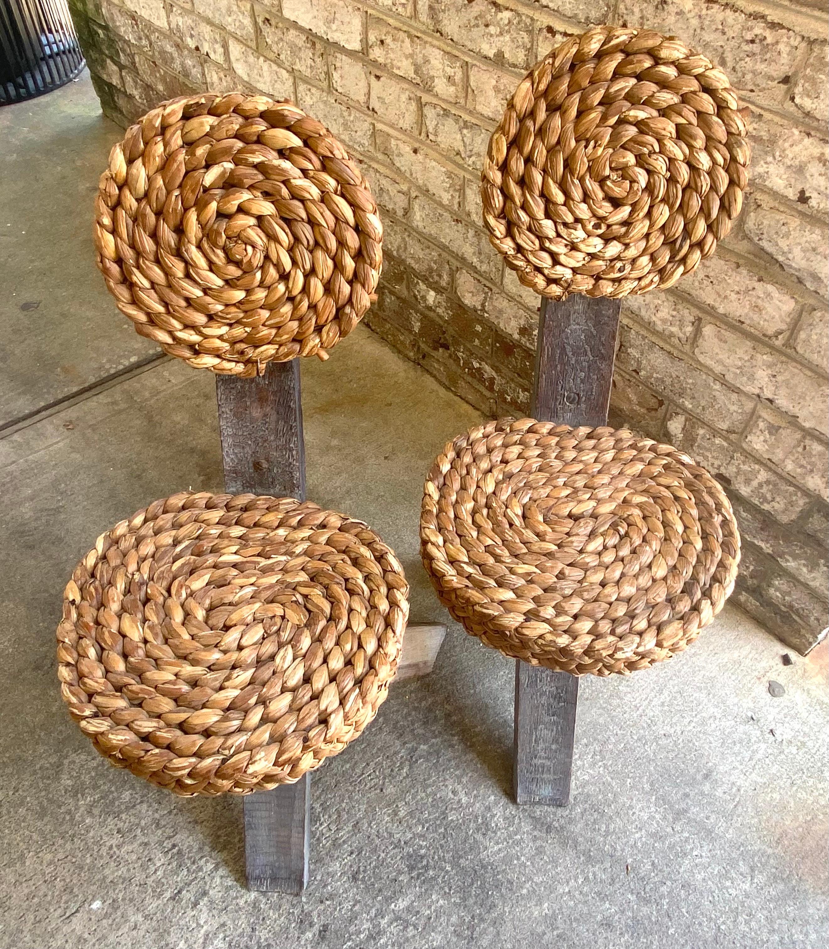 Pair of Audoux Minet Tripod Base Chairs with Abaca Seat and Back For Sale 1