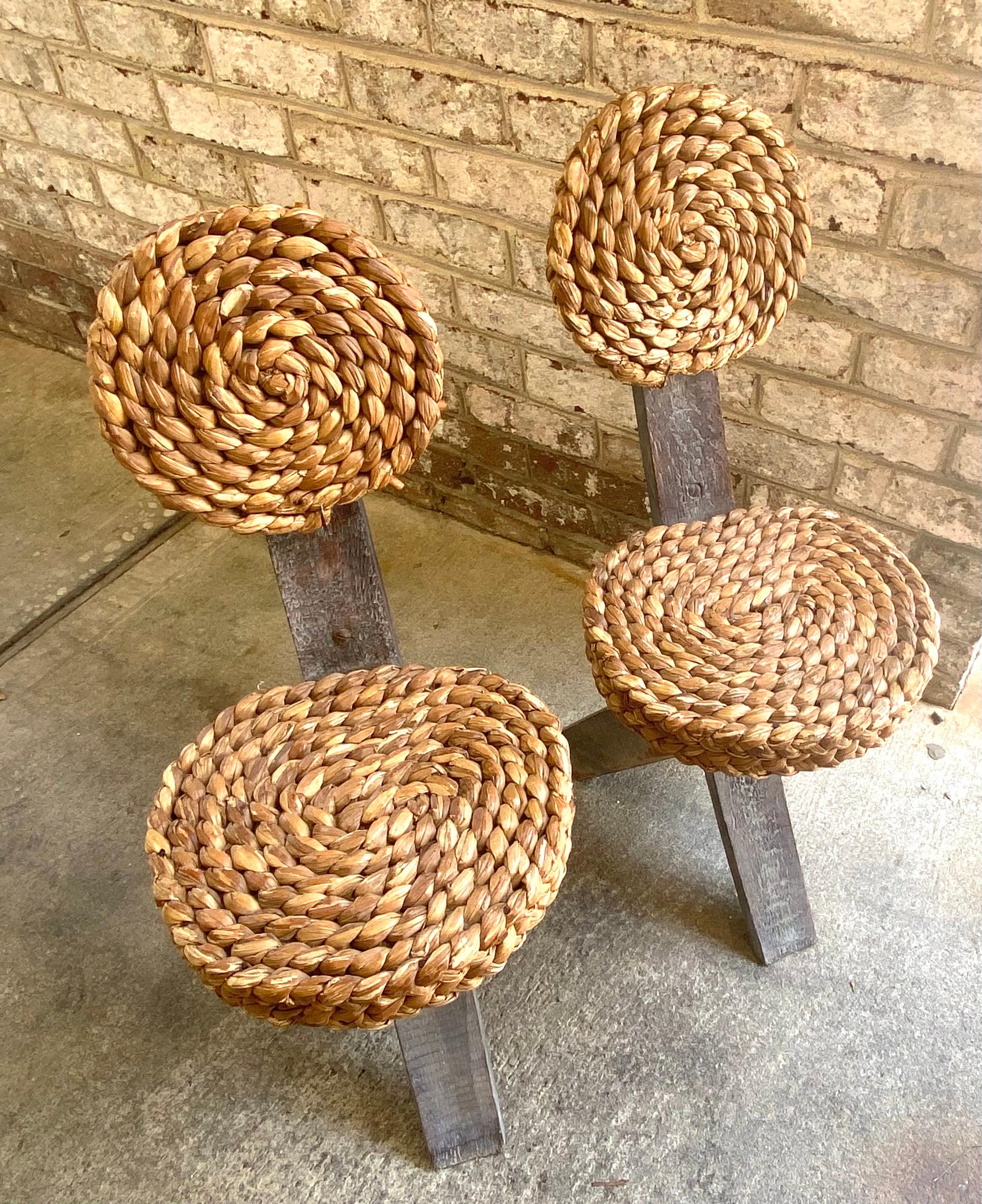 Pair of Audoux Minet Tripod Base Chairs with Abaca Seat and Back For Sale 2
