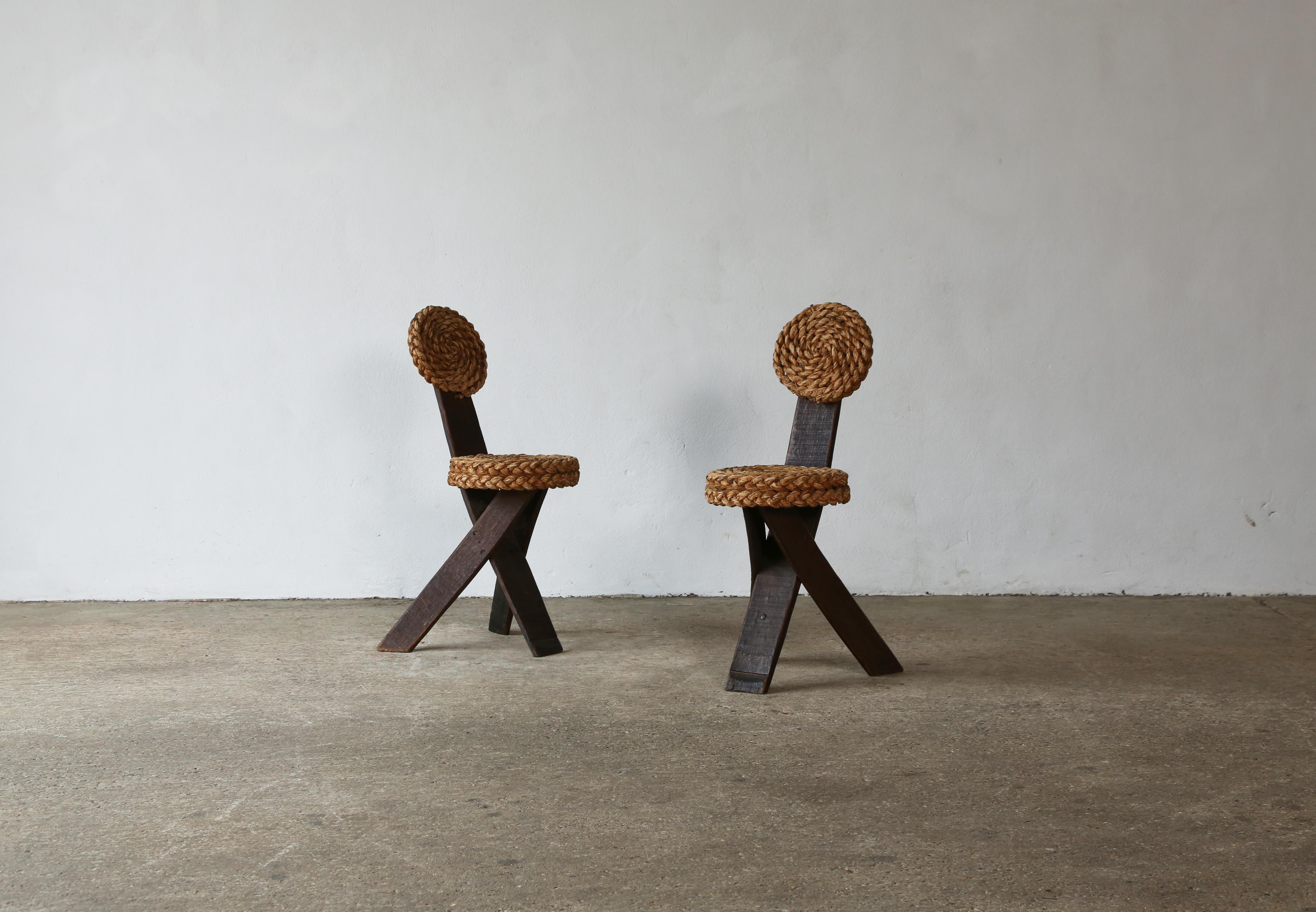 Mid-Century Modern Pair of Audoux & Minet Tripod Rope Chairs, France, 1950s For Sale