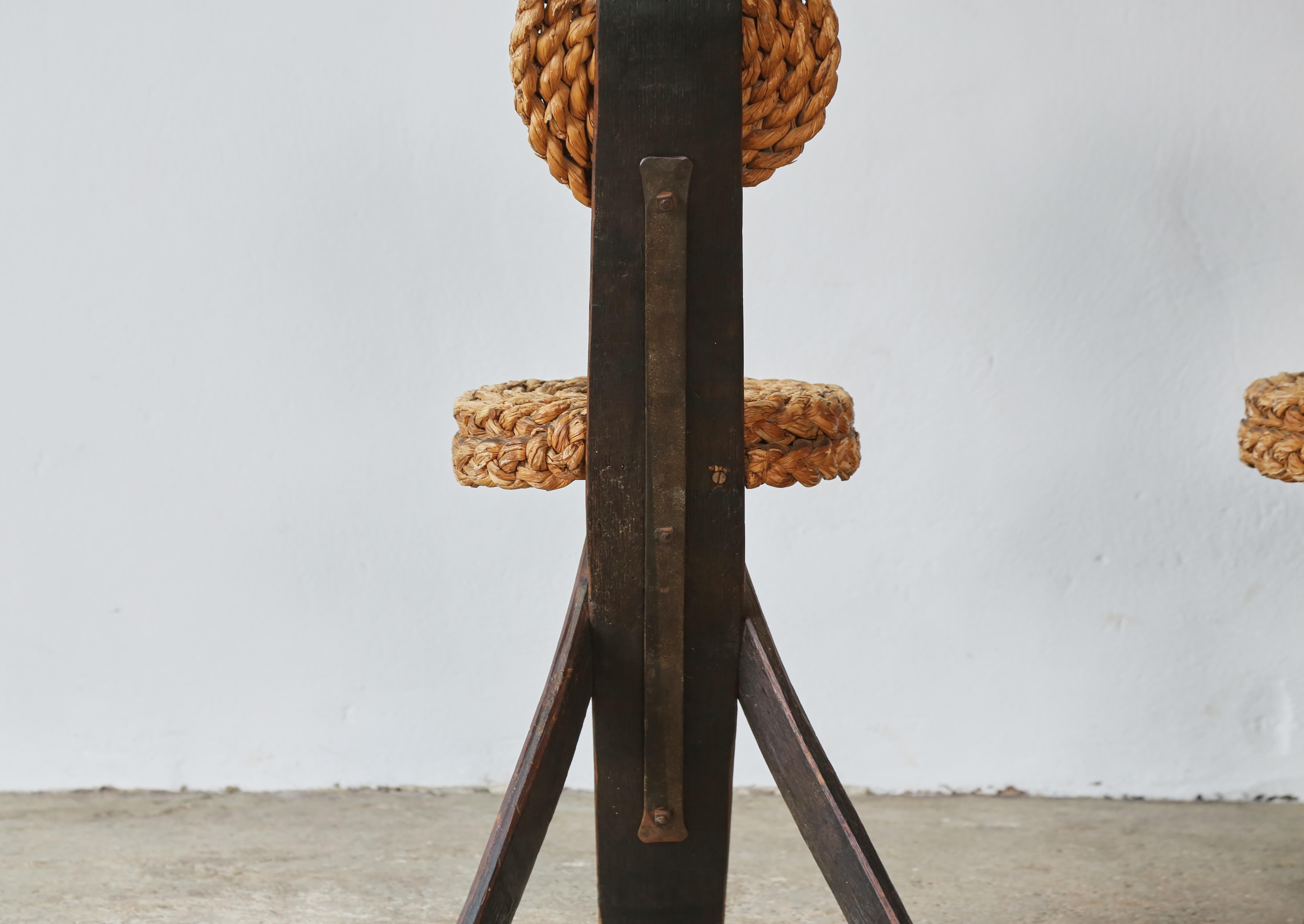 French Pair of Audoux & Minet Tripod Rope Chairs, France, 1950s For Sale
