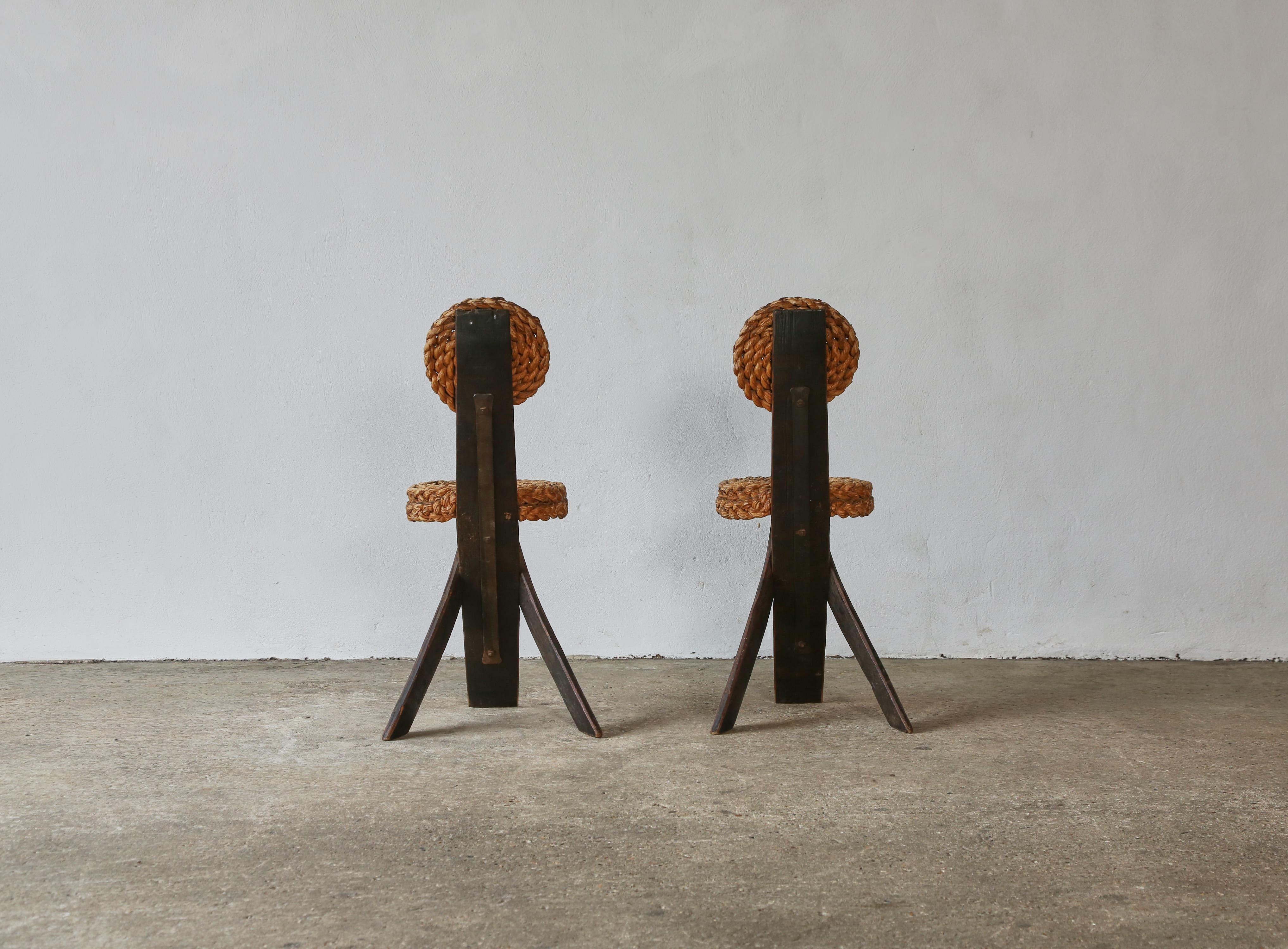 Pair of Audoux & Minet Tripod Rope Chairs, France, 1950s In Good Condition For Sale In London, GB